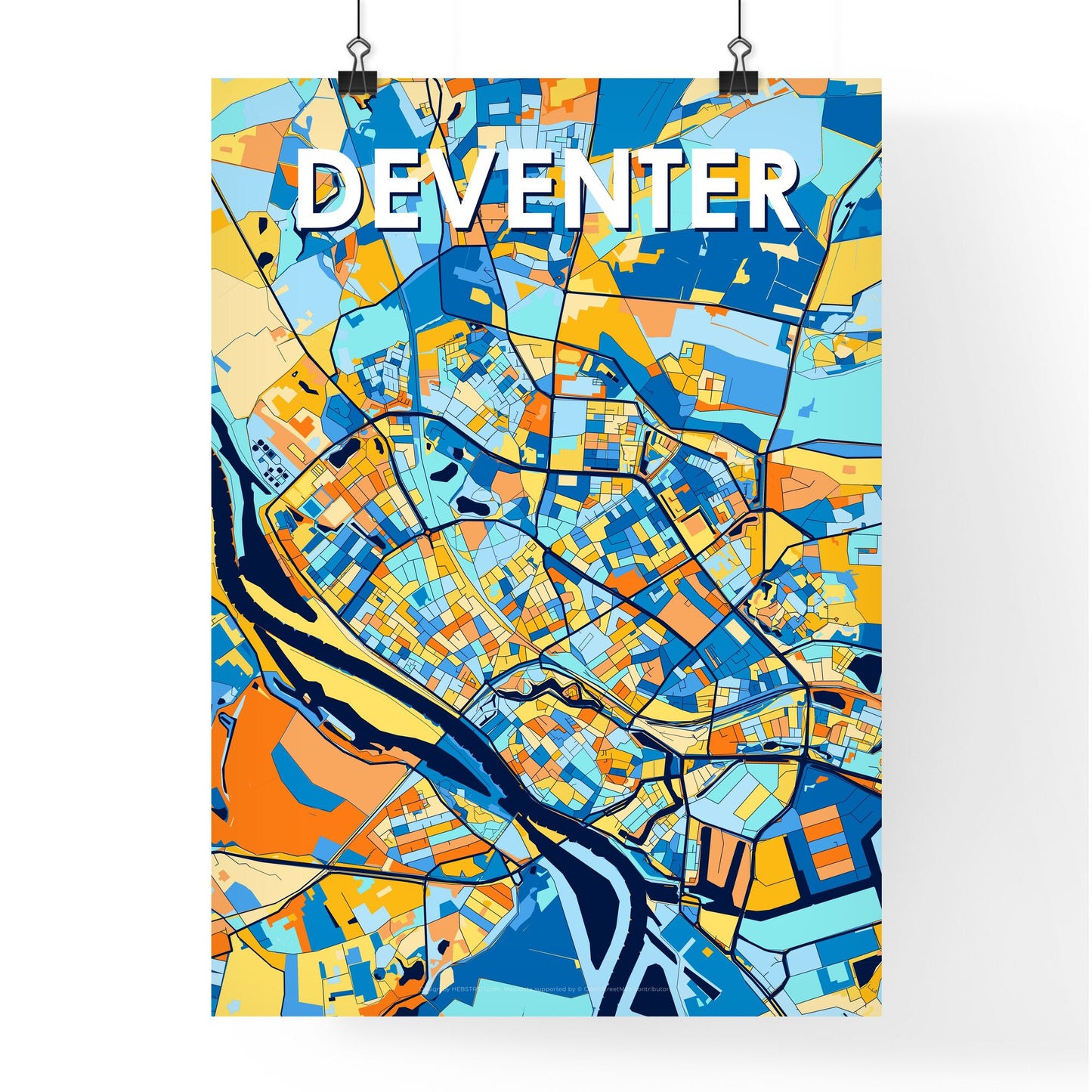 DEVENTER NETHERLANDS Vibrant Colorful Art Map Poster Blue Orange