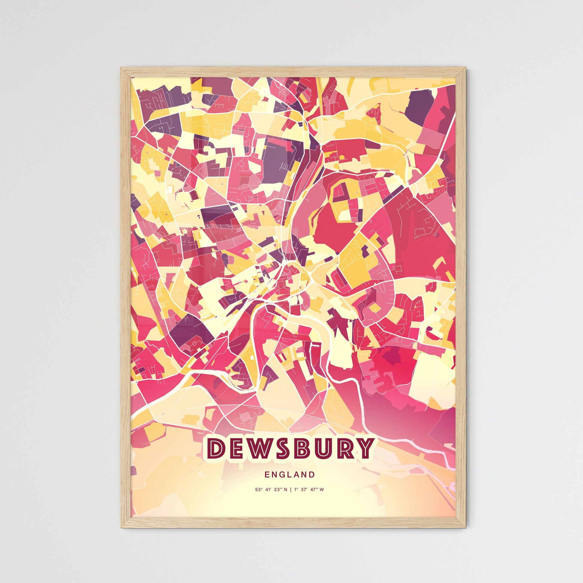 Colorful Dewsbury England Fine Art Map Hot Red