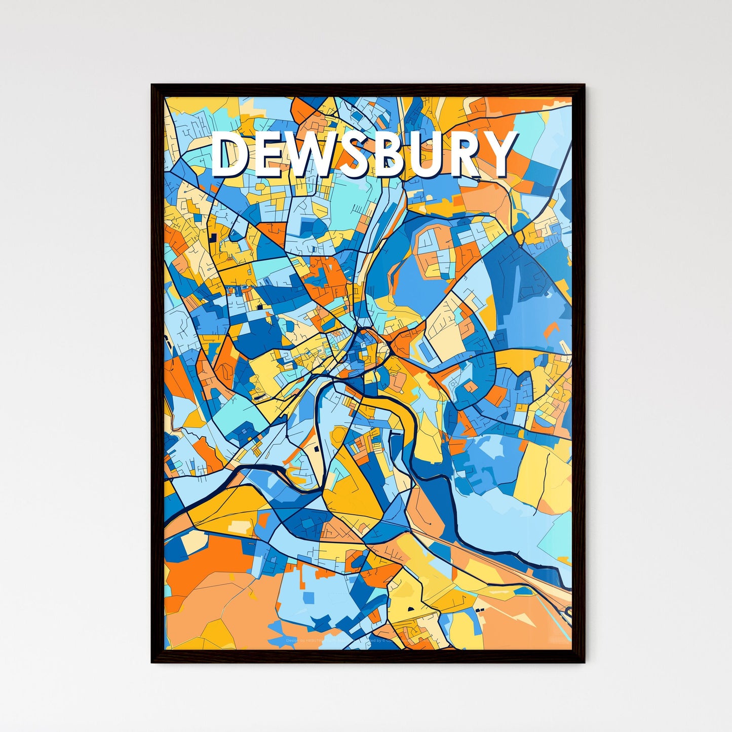 DEWSBURY ENGLAND Vibrant Colorful Art Map Poster Blue Orange