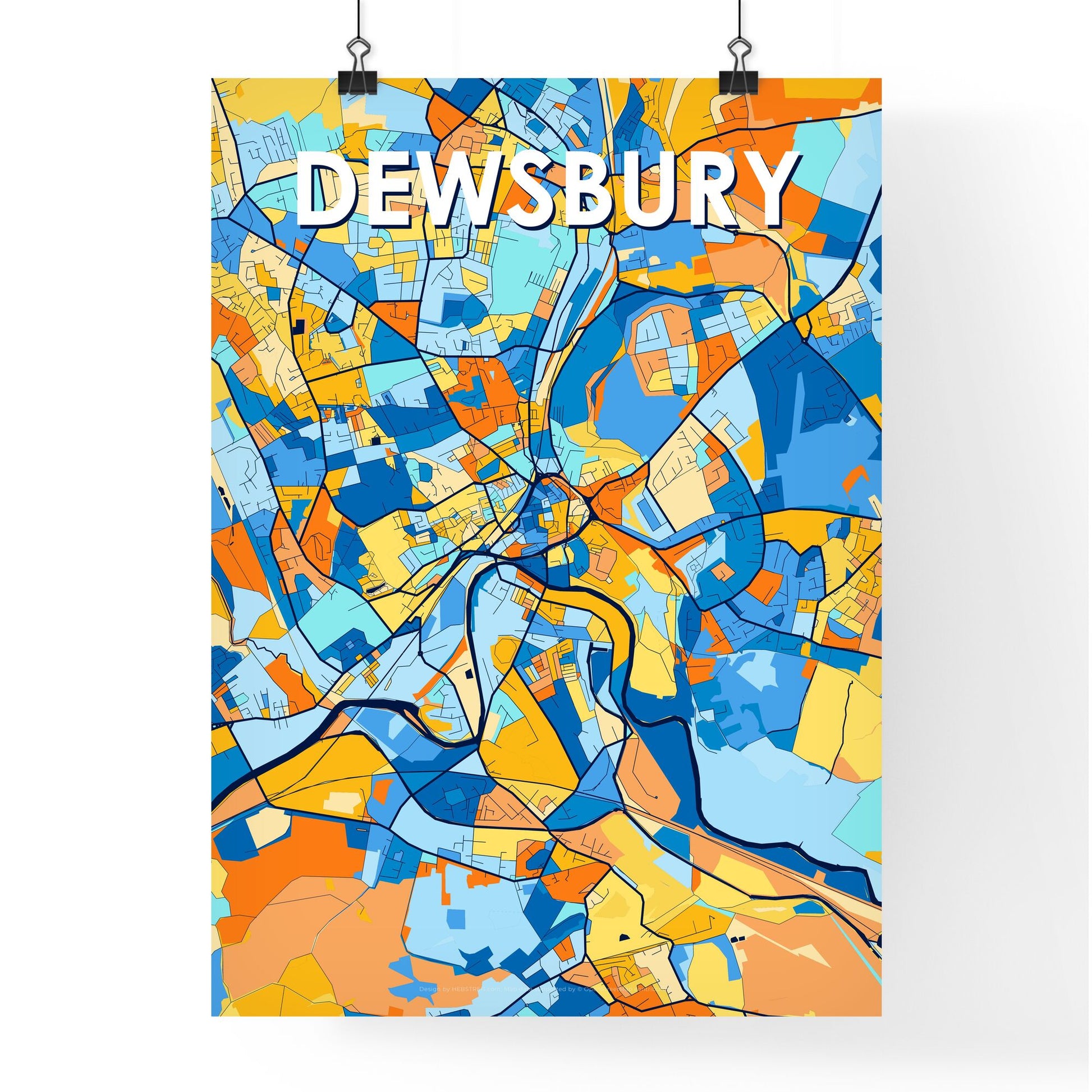 DEWSBURY ENGLAND Vibrant Colorful Art Map Poster Blue Orange