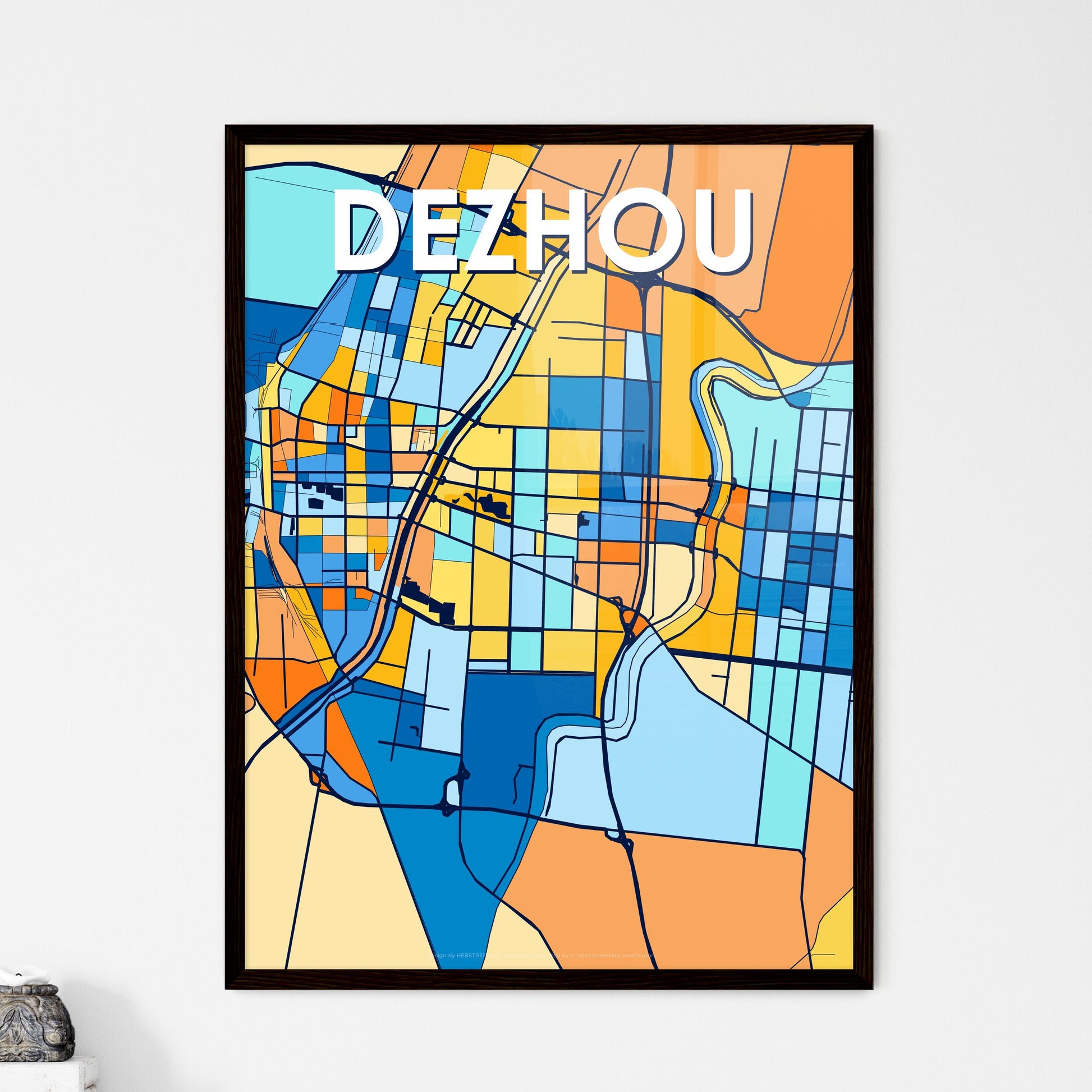 DEZHOU CHINA Vibrant Colorful Art Map Poster Blue Orange