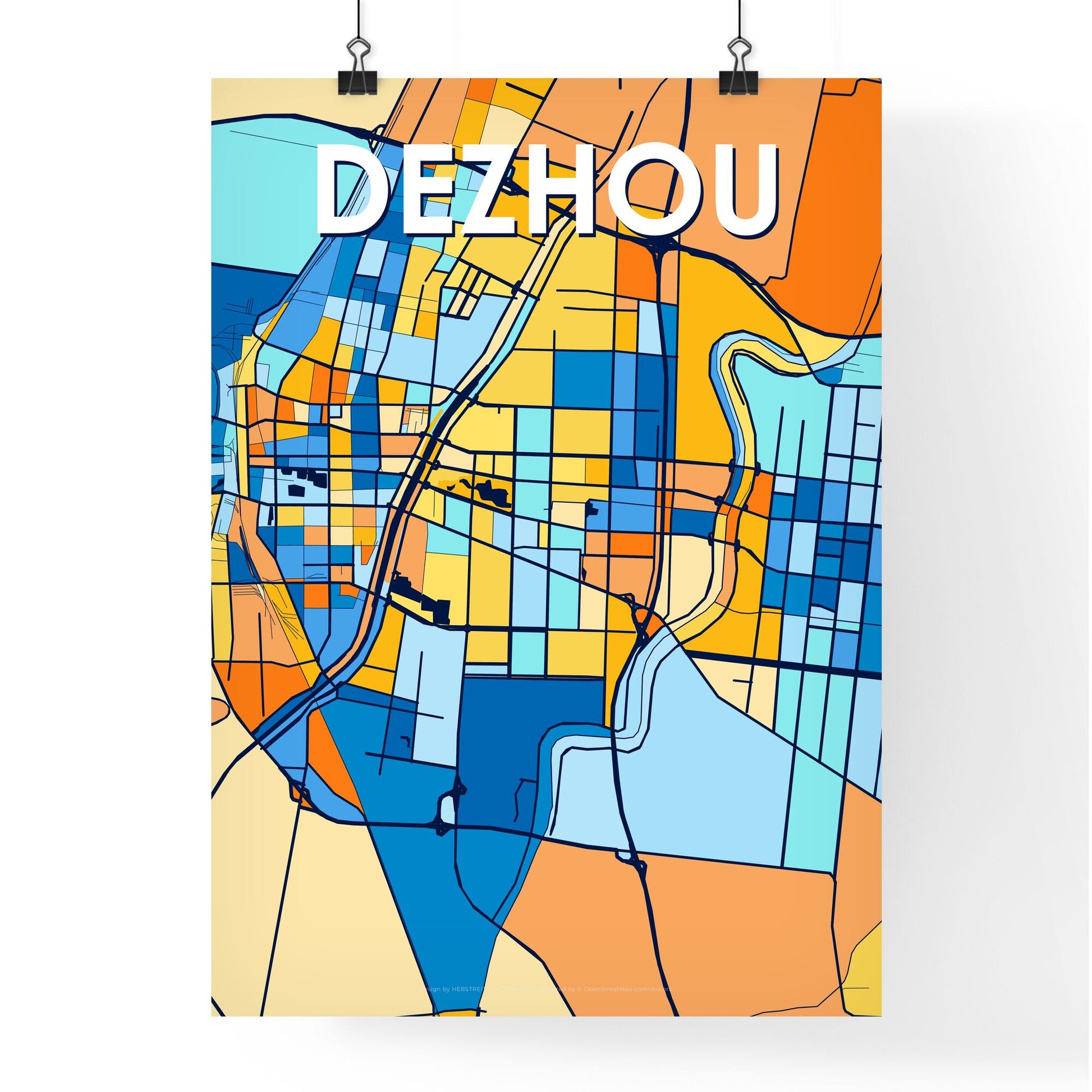 DEZHOU CHINA Vibrant Colorful Art Map Poster Blue Orange