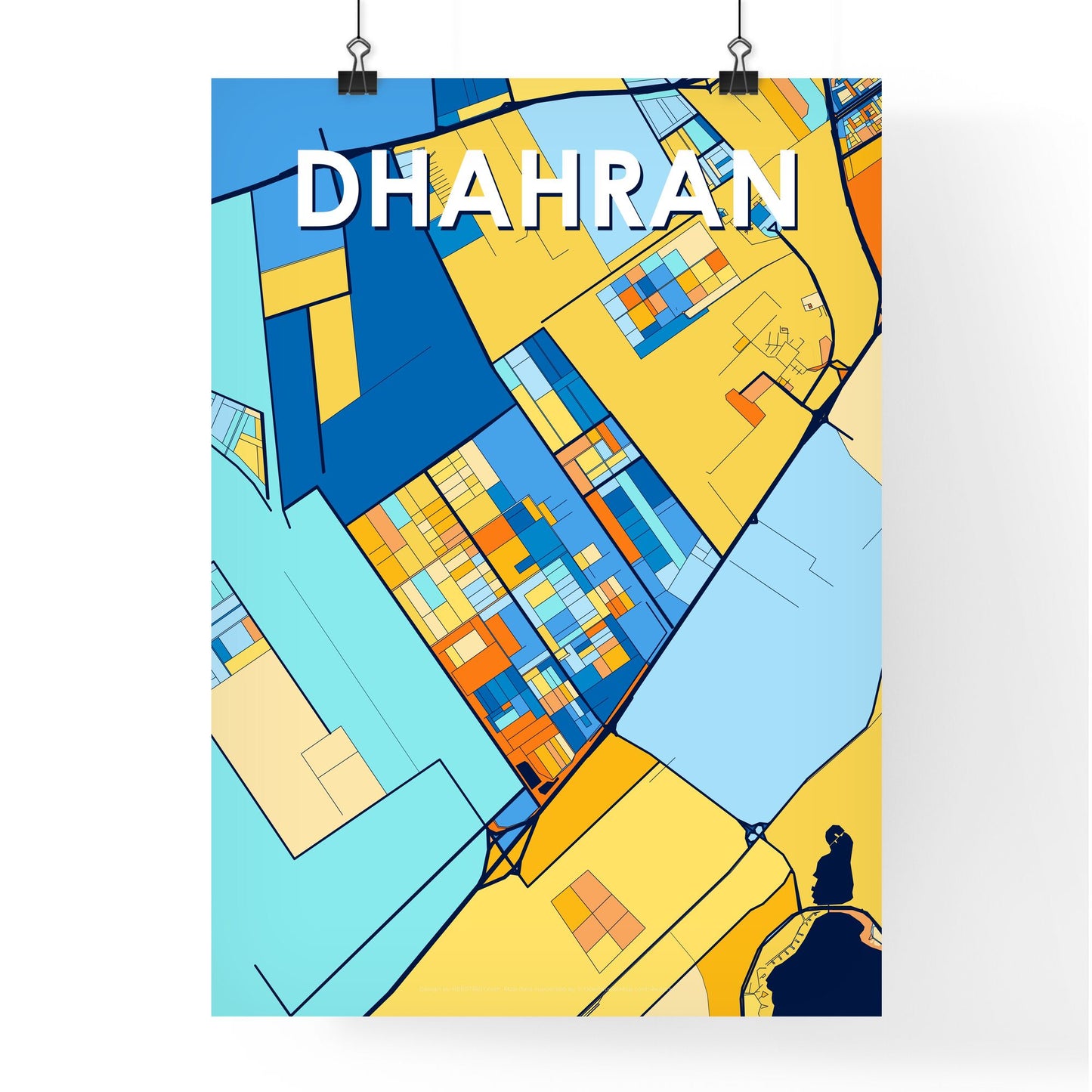 DHAHRAN SAUDI ARABIA Vibrant Colorful Art Map Poster Blue Orange