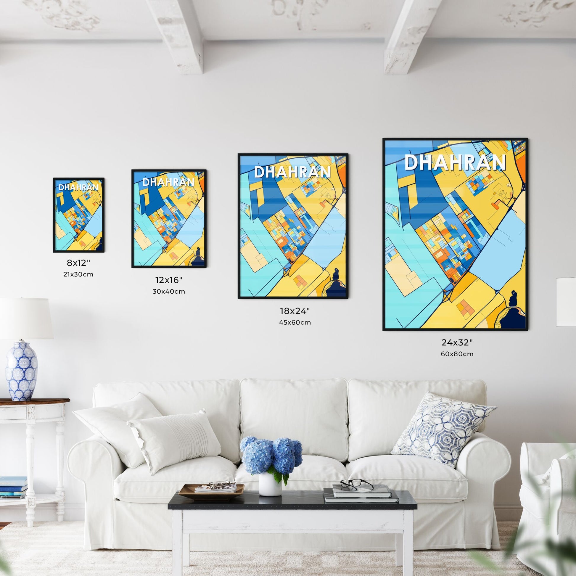 DHAHRAN SAUDI ARABIA Vibrant Colorful Art Map Poster Blue Orange