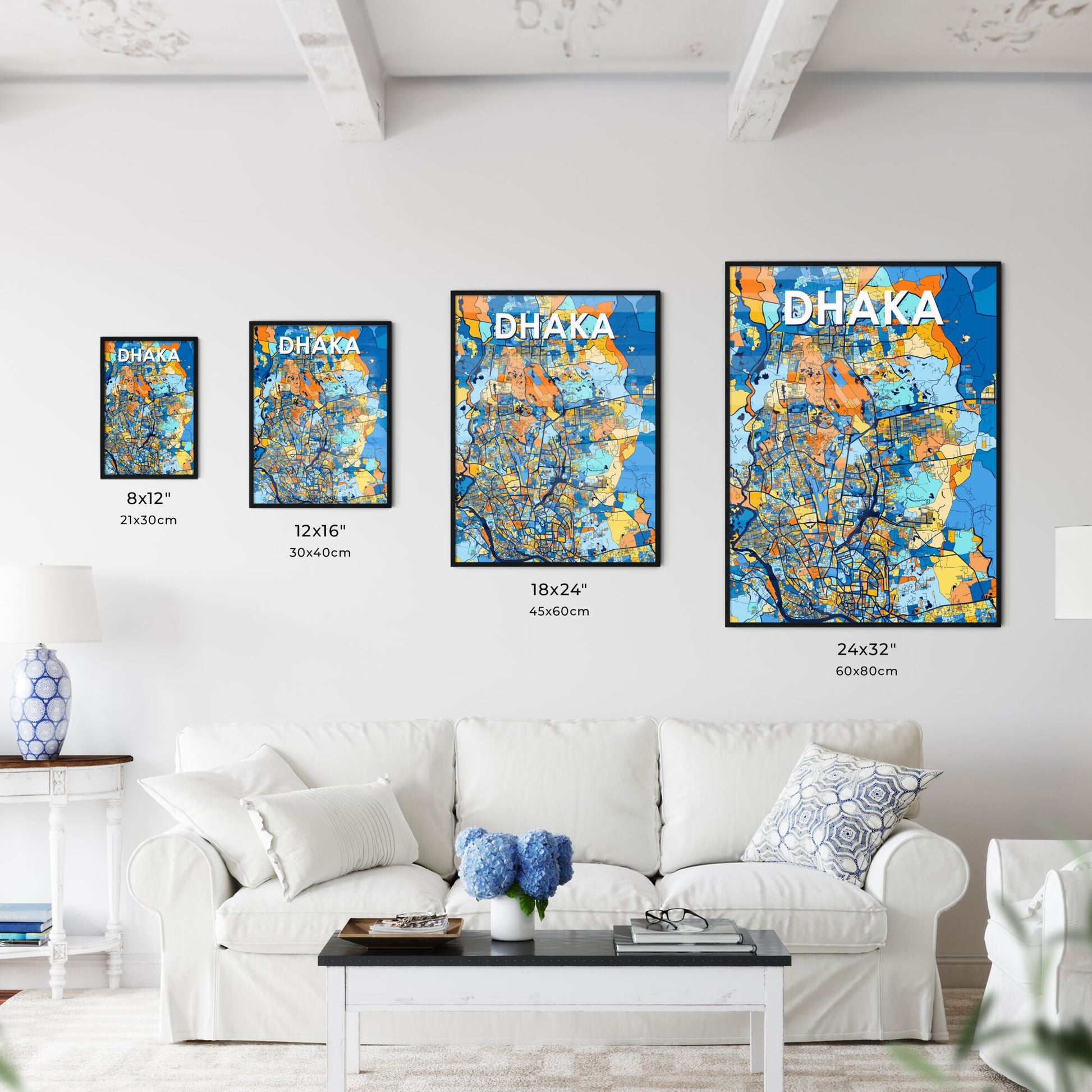 DHAKA BANGLADESH Vibrant Colorful Art Map Poster Blue Orange