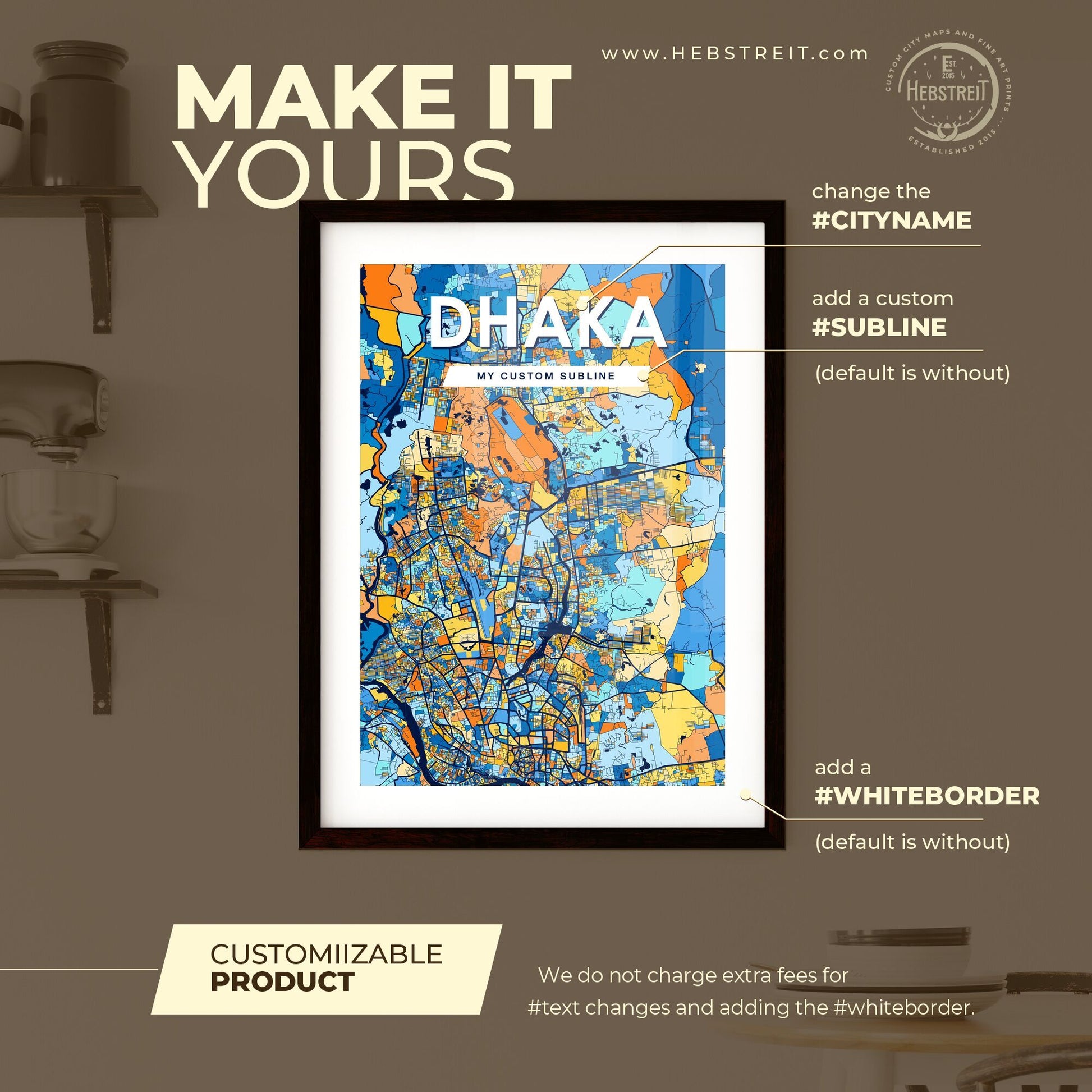 DHAKA BANGLADESH Vibrant Colorful Art Map Poster Blue Orange