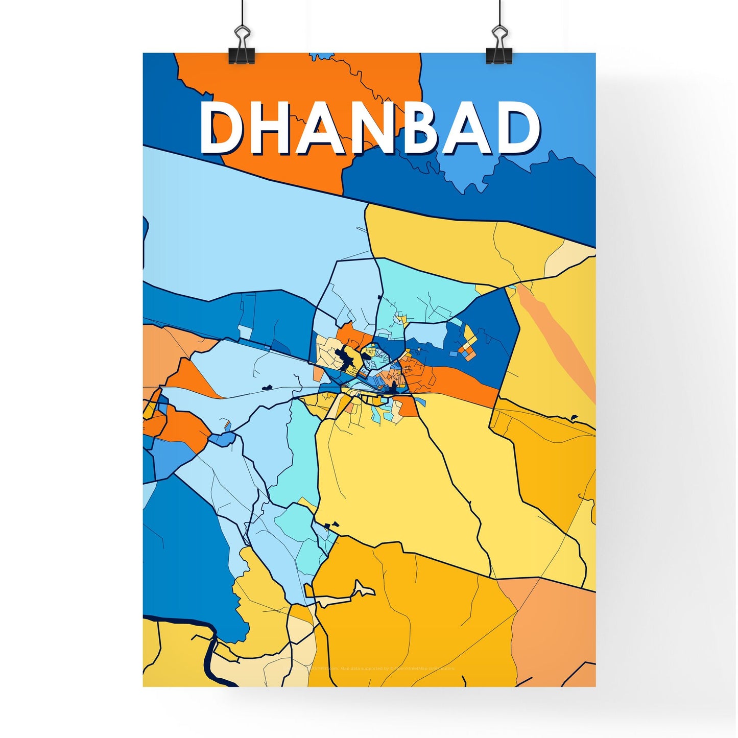 DHANBAD INDIA Vibrant Colorful Art Map Poster Blue Orange