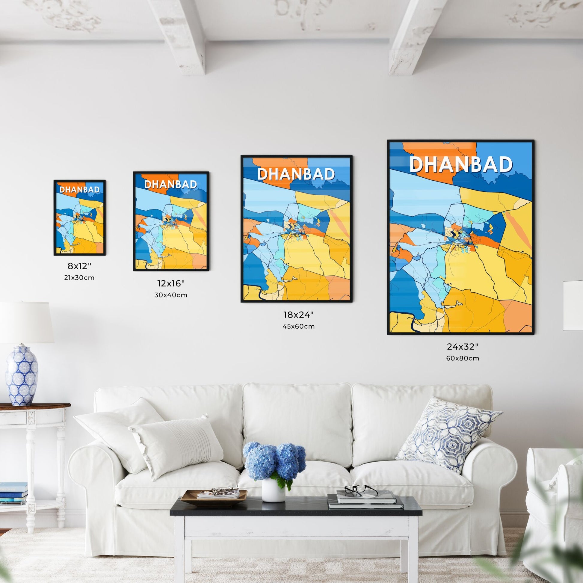 DHANBAD INDIA Vibrant Colorful Art Map Poster Blue Orange