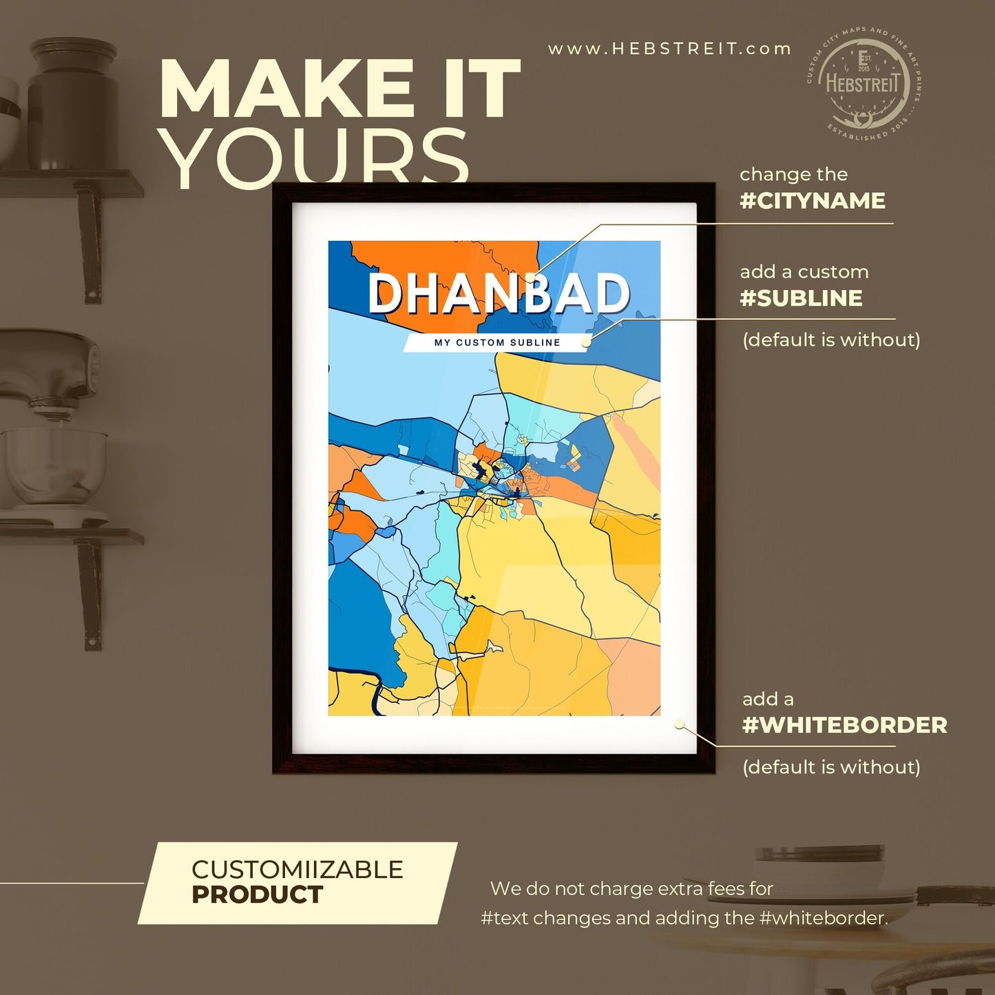 DHANBAD INDIA Vibrant Colorful Art Map Poster Blue Orange