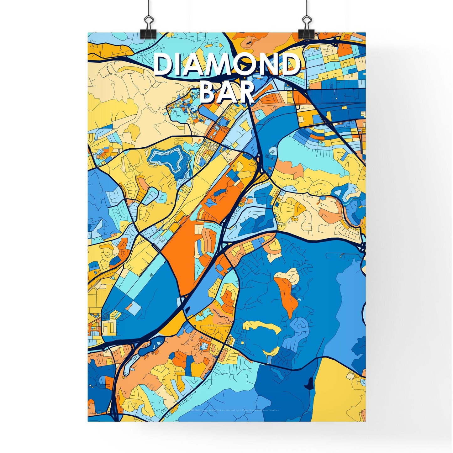 DIAMOND BAR CALIFORNIA Vibrant Colorful Art Map Poster Blue Orange