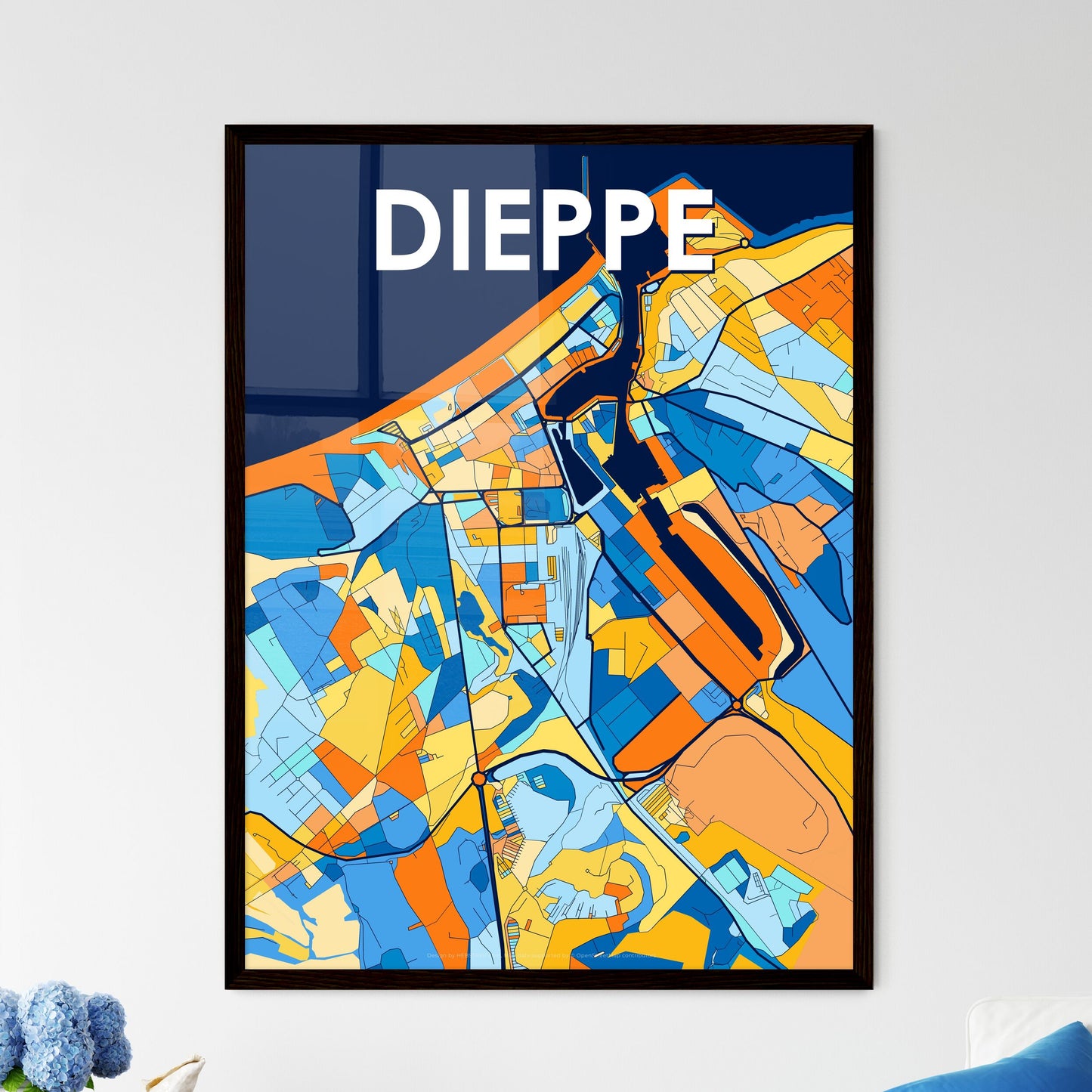 DIEPPE FRANCE Vibrant Colorful Art Map Poster Blue Orange