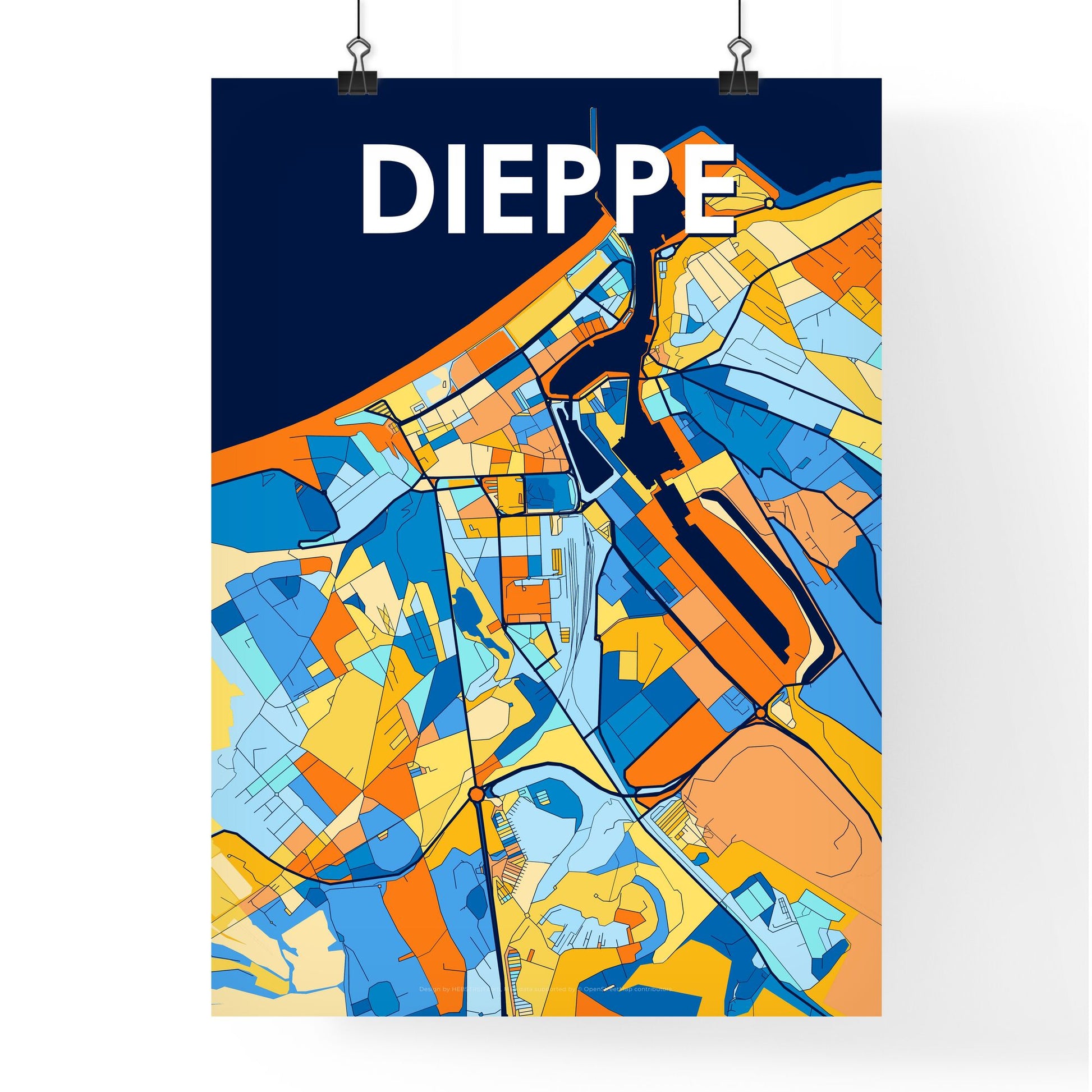 DIEPPE FRANCE Vibrant Colorful Art Map Poster Blue Orange