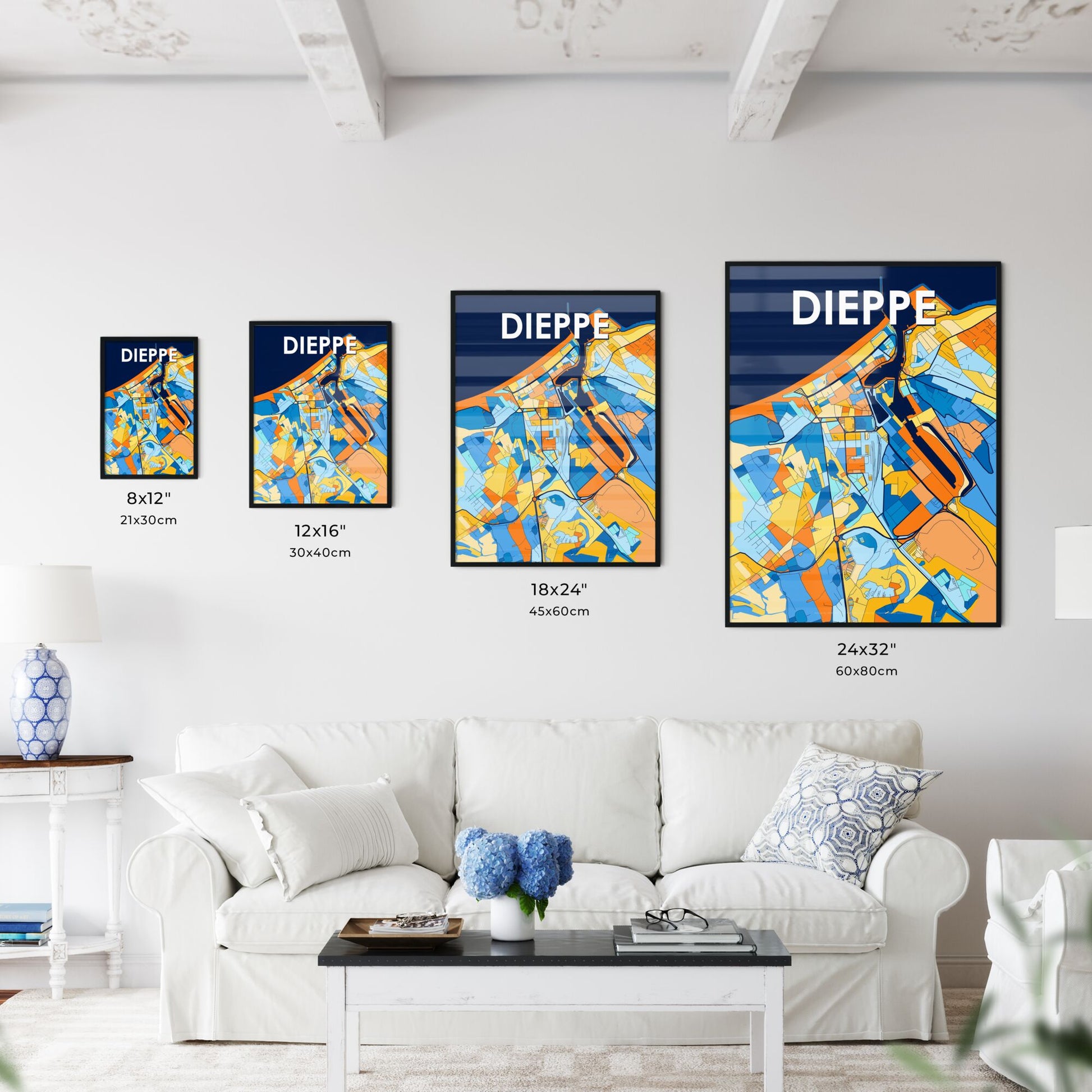 DIEPPE FRANCE Vibrant Colorful Art Map Poster Blue Orange