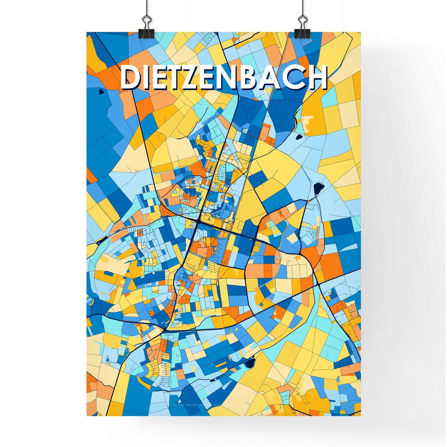 DIETZENBACH GERMANY Vibrant Colorful Art Map Poster Blue Orange