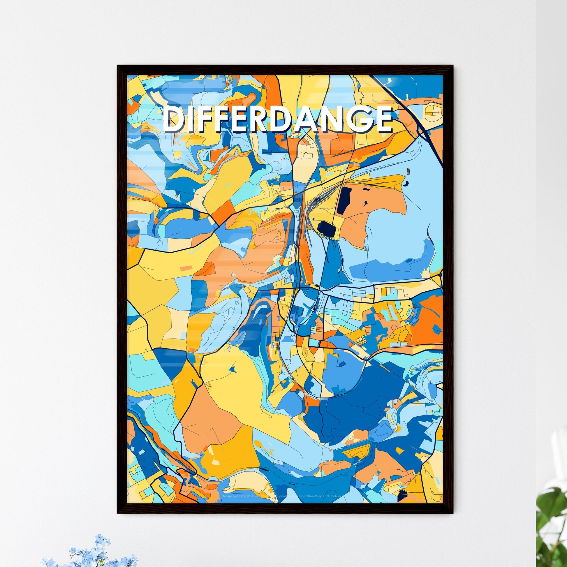 DIFFERDANGE LUXEMBOURG Vibrant Colorful Art Map Poster Blue Orange