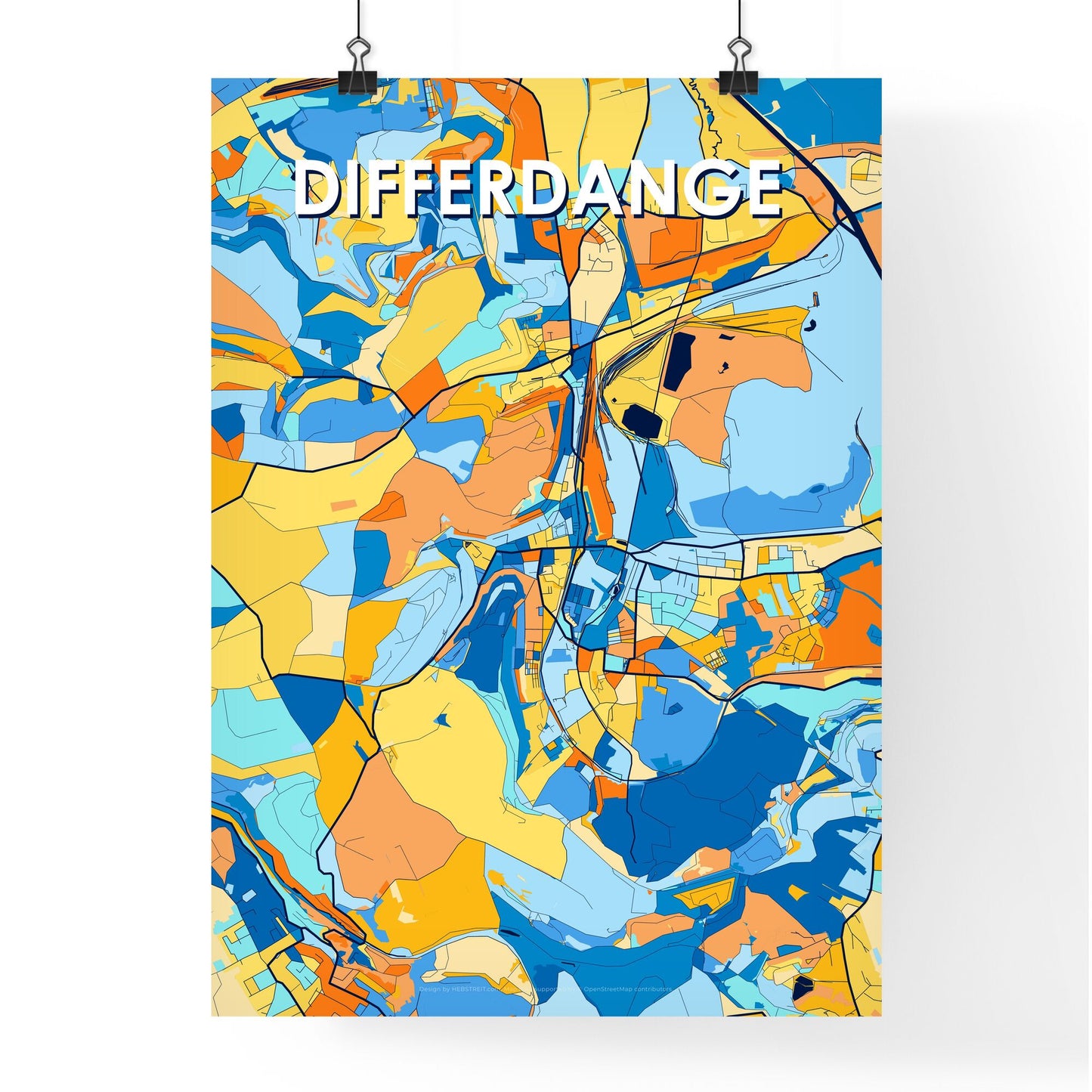 DIFFERDANGE LUXEMBOURG Vibrant Colorful Art Map Poster Blue Orange