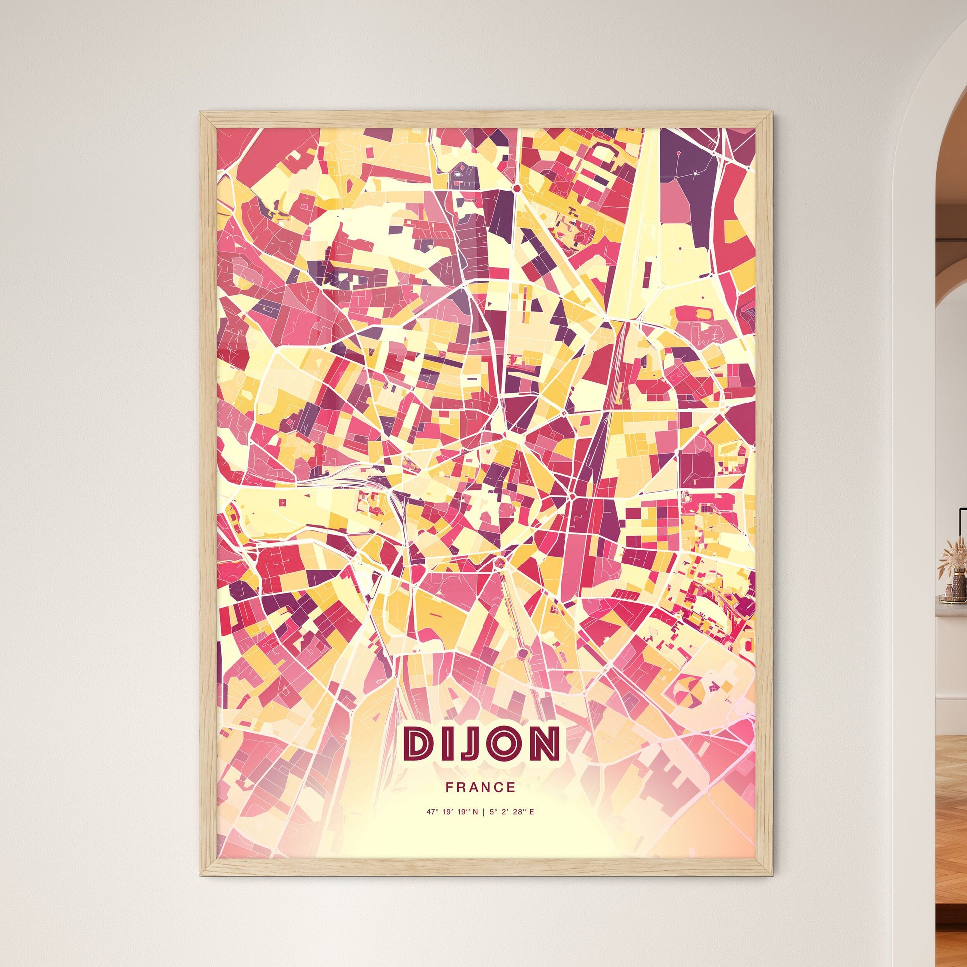 Colorful Dijon France Fine Art Map Hot Red