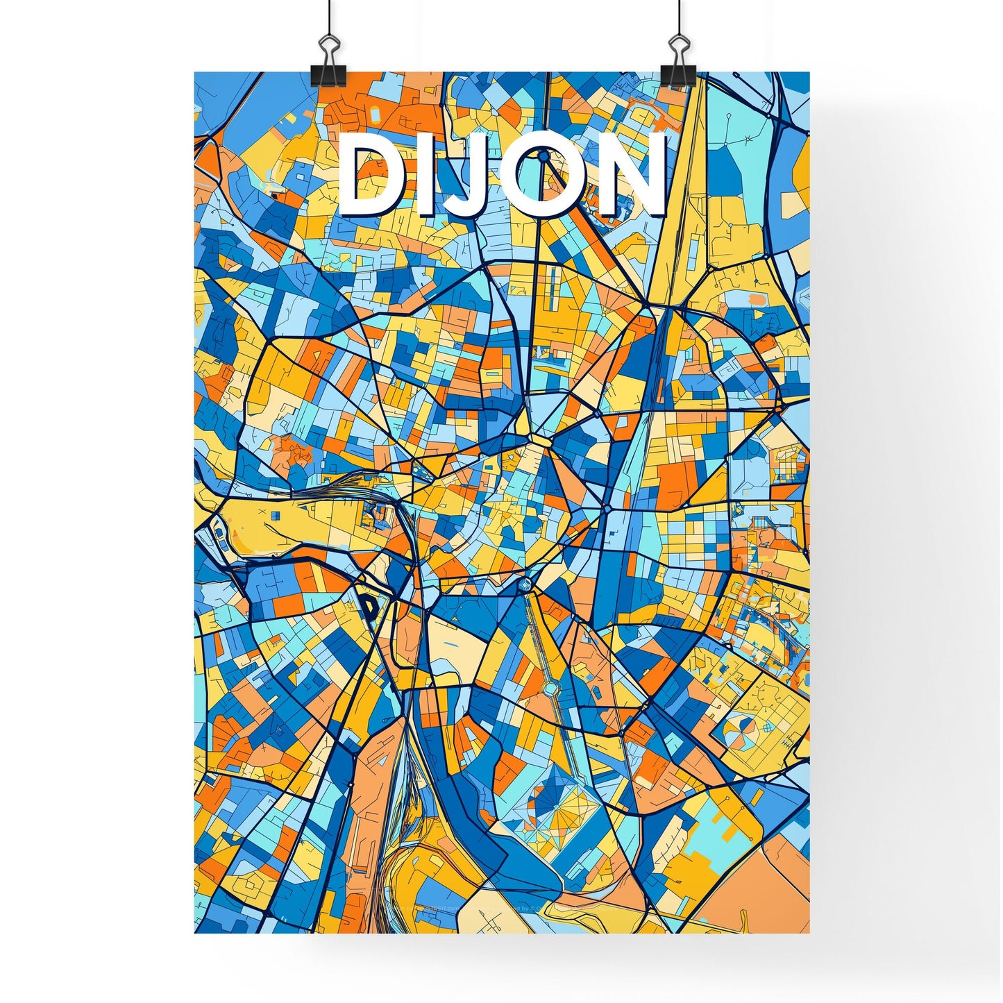 DIJON FRANCE Vibrant Colorful Art Map Poster Blue Orange