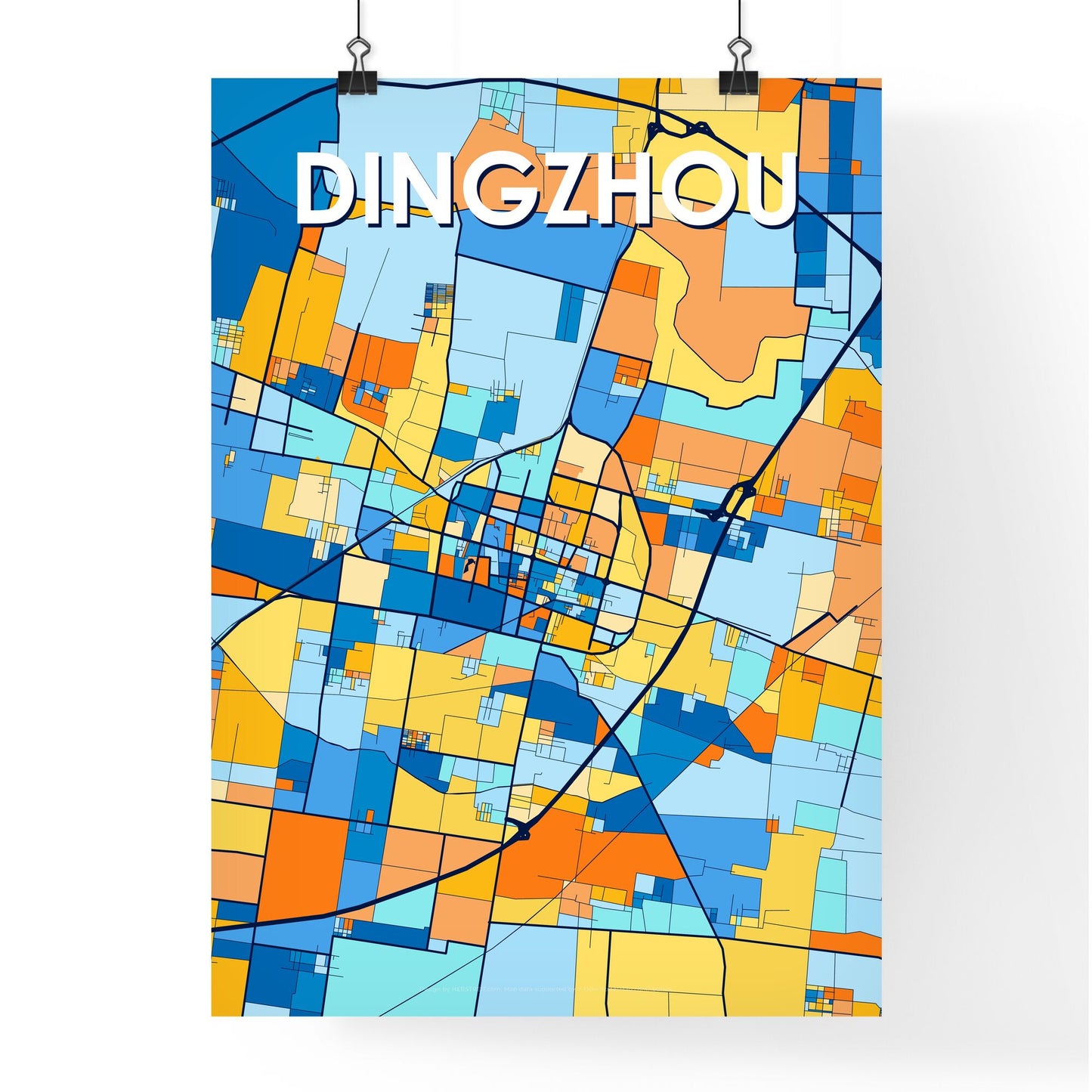 DINGZHOU CHINA Vibrant Colorful Art Map Poster Blue Orange