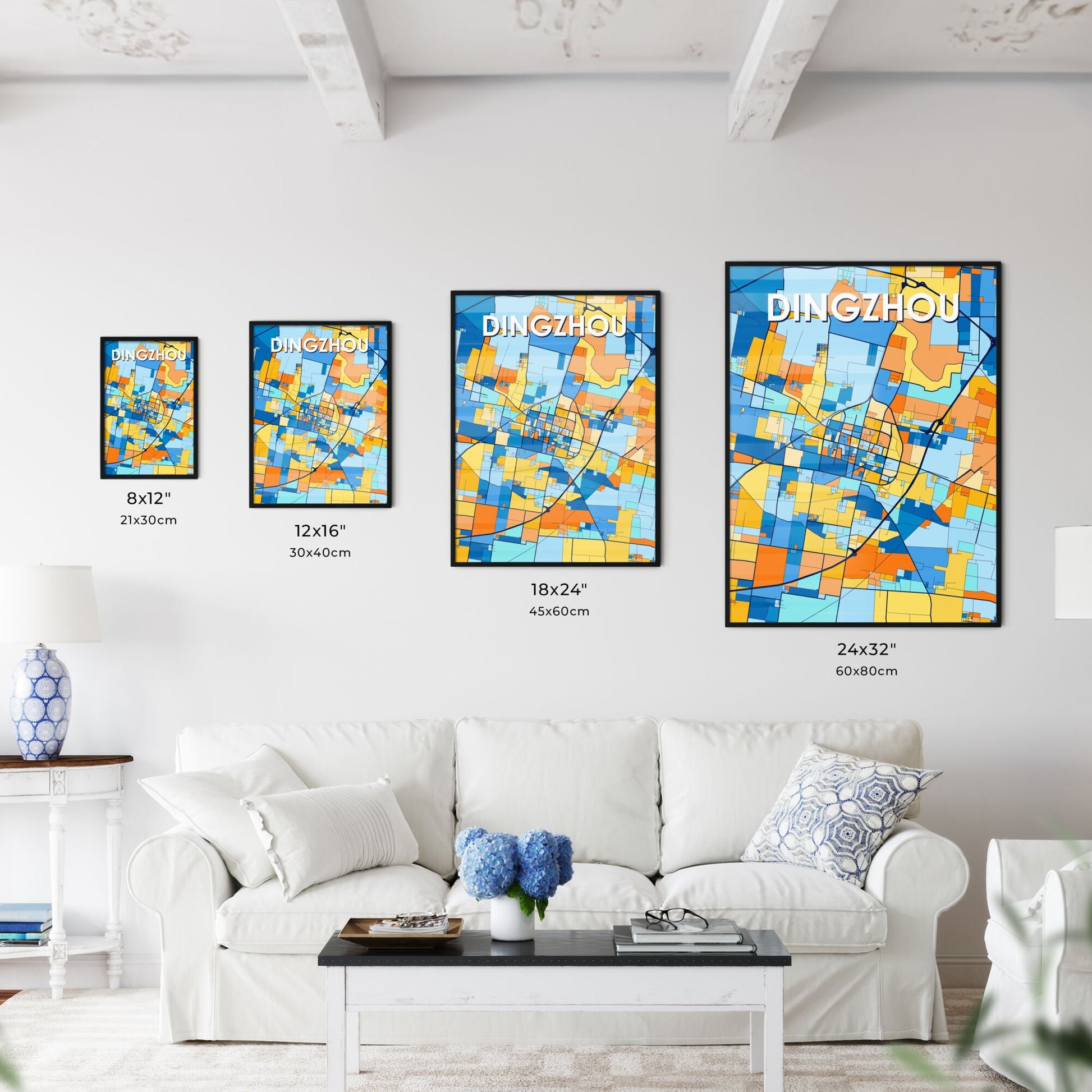 DINGZHOU CHINA Vibrant Colorful Art Map Poster Blue Orange