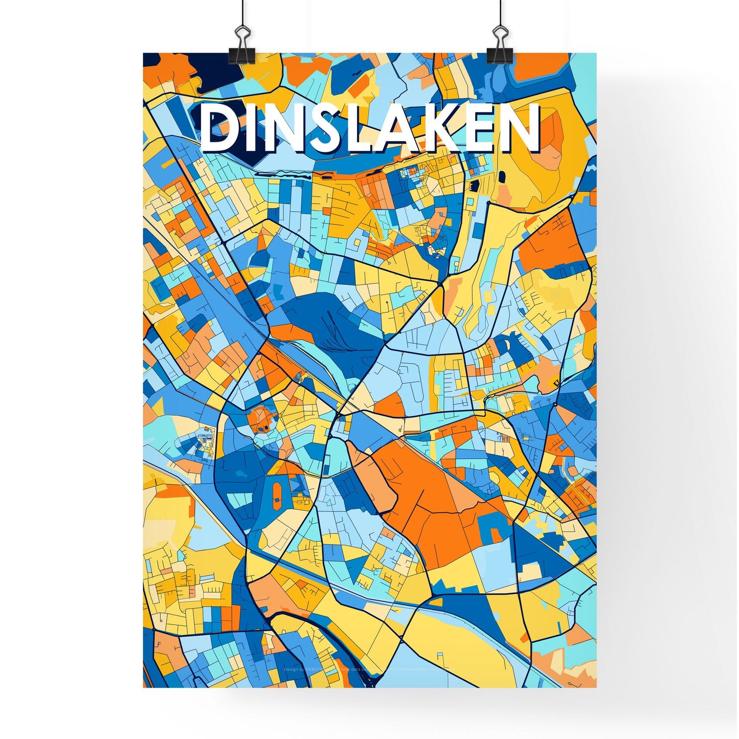 DINSLAKEN GERMANY Vibrant Colorful Art Map Poster Blue Orange