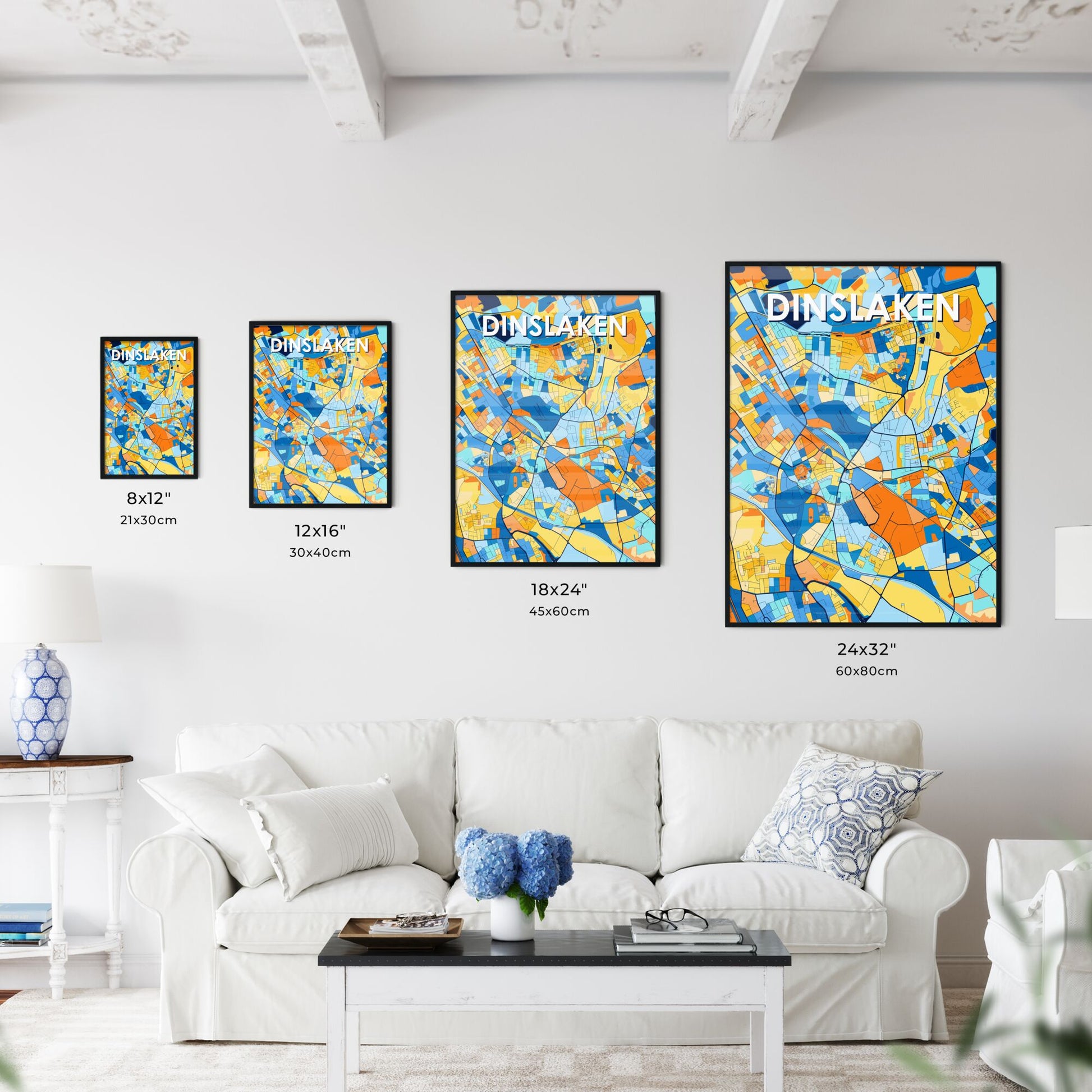 DINSLAKEN GERMANY Vibrant Colorful Art Map Poster Blue Orange