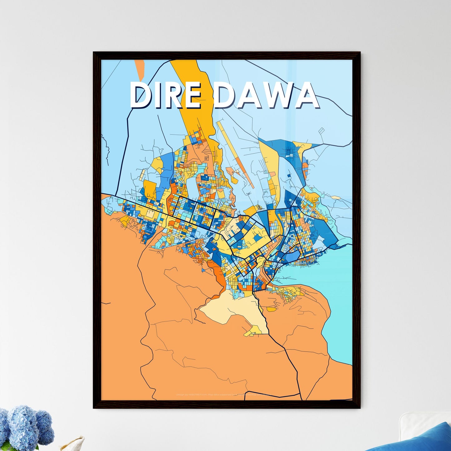 DIRE DAWA ETHIOPIA Vibrant Colorful Art Map Poster Blue Orange