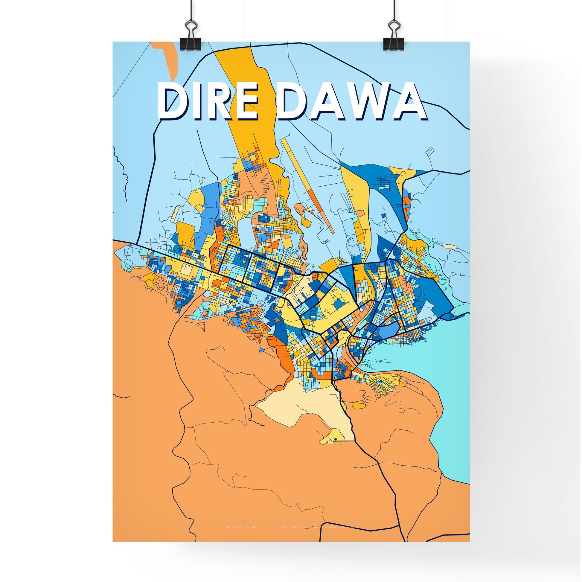 DIRE DAWA ETHIOPIA Vibrant Colorful Art Map Poster Blue Orange