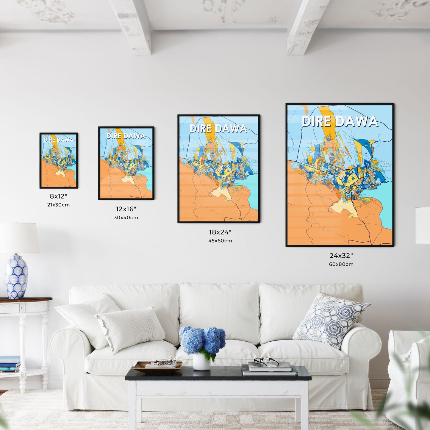 DIRE DAWA ETHIOPIA Vibrant Colorful Art Map Poster Blue Orange