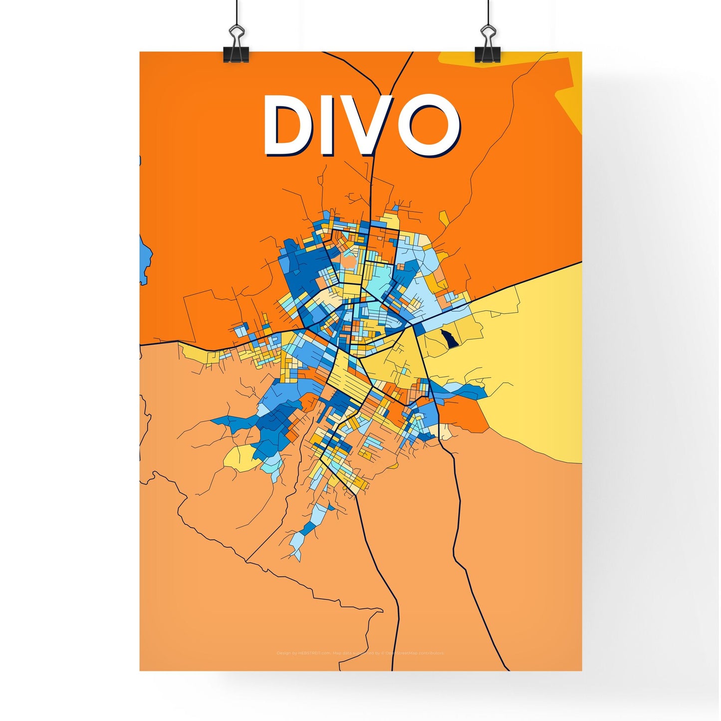 DIVO IVORY COAST Vibrant Colorful Art Map Poster Blue Orange