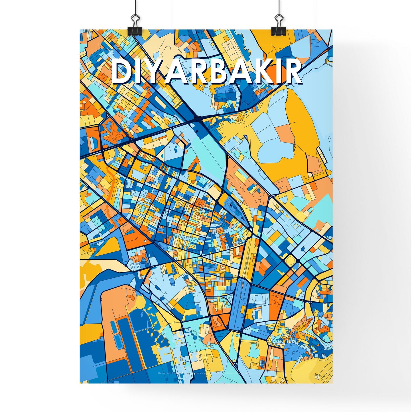 DIYARBAKIR TURKEY Vibrant Colorful Art Map Poster Blue Orange