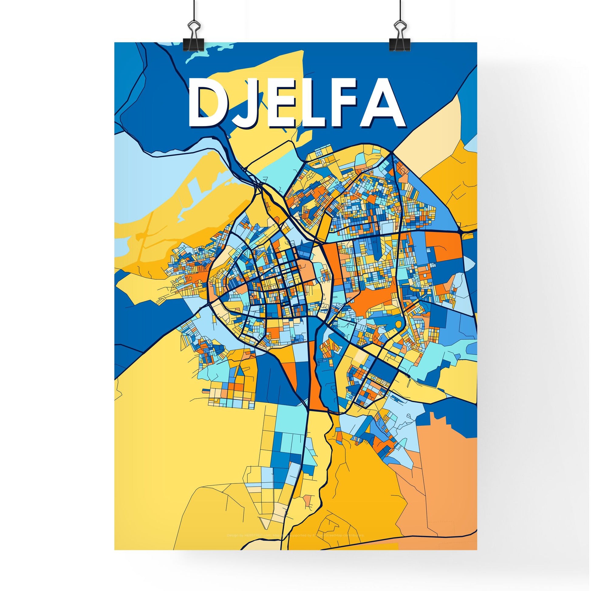 DJELFA ALGERIA Vibrant Colorful Art Map Poster Blue Orange