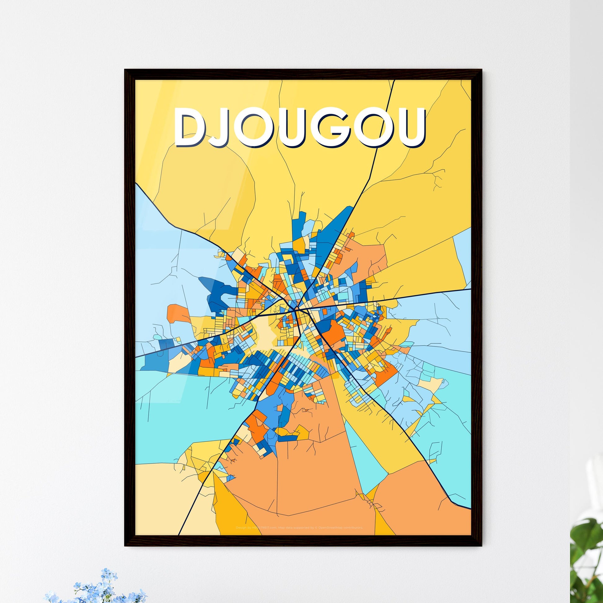 DJOUGOU BENIN Vibrant Colorful Art Map Poster Blue Orange