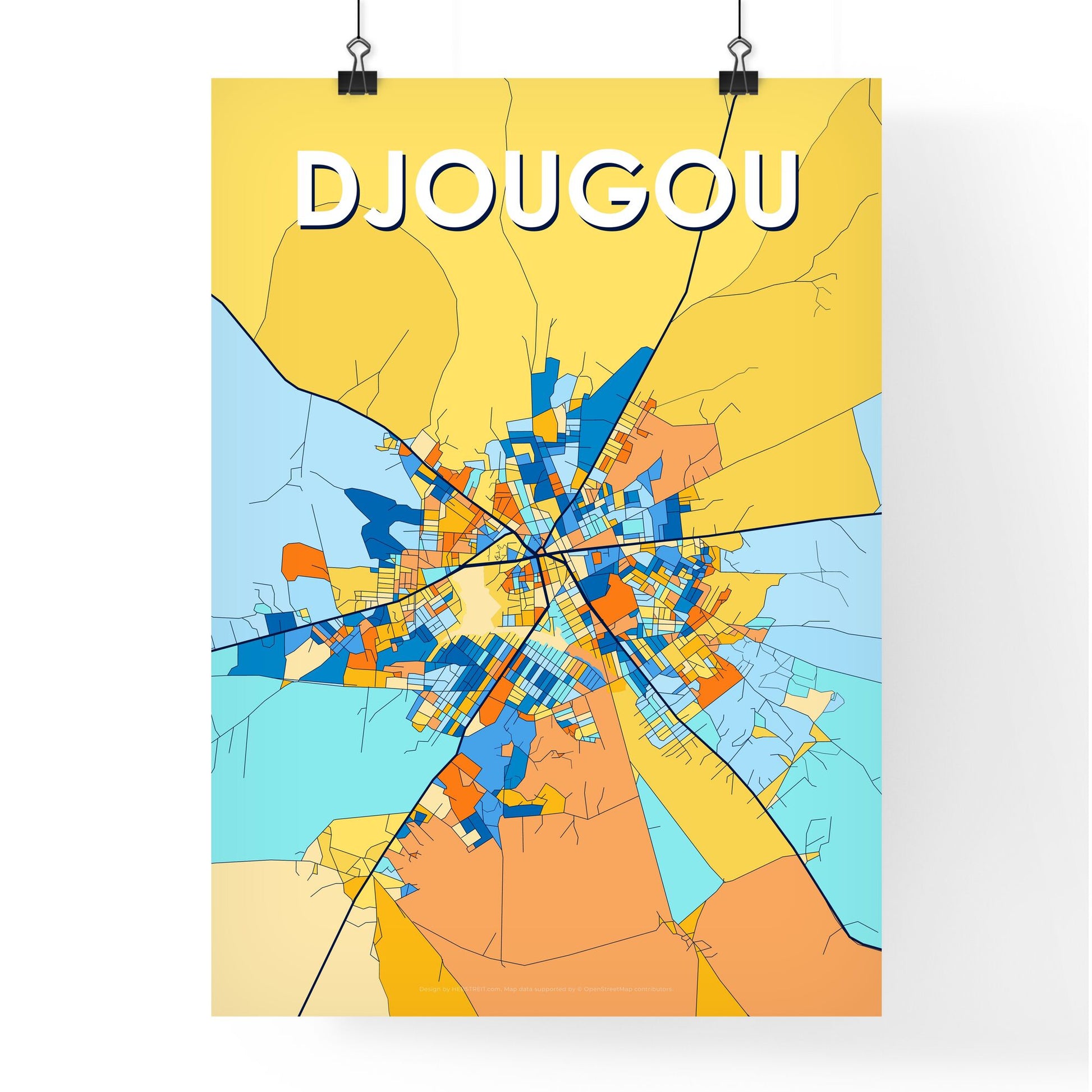 DJOUGOU BENIN Vibrant Colorful Art Map Poster Blue Orange