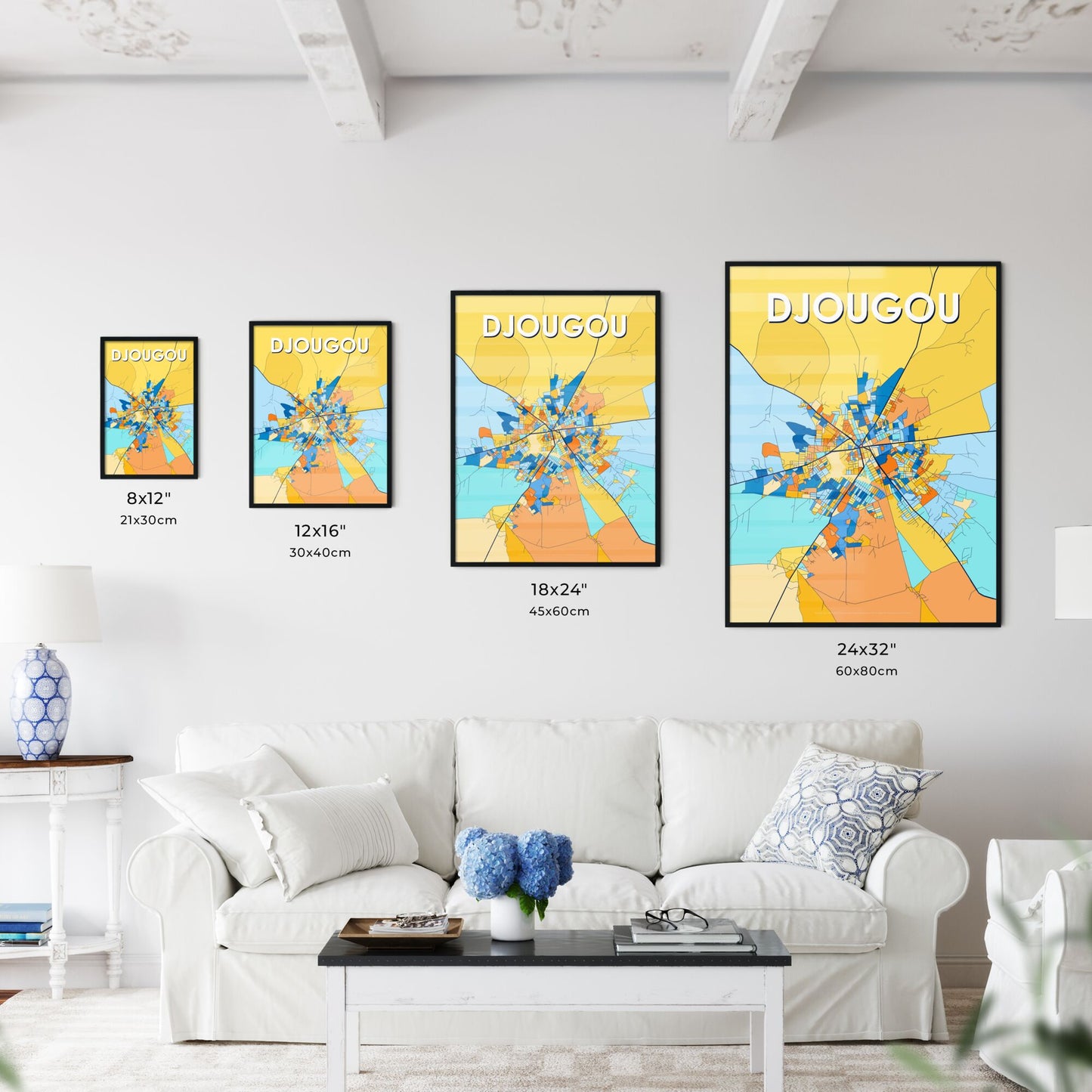 DJOUGOU BENIN Vibrant Colorful Art Map Poster Blue Orange