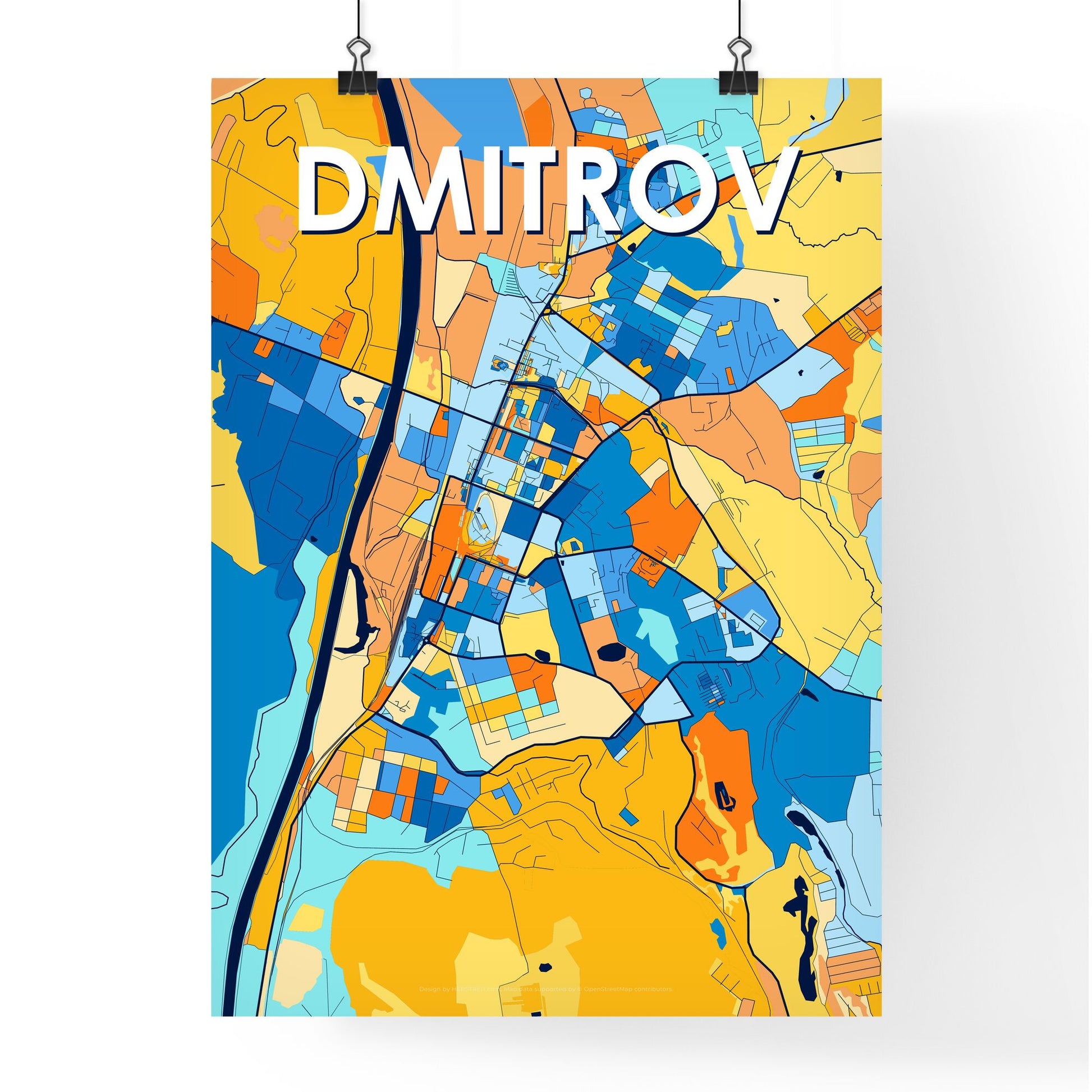 DMITROV RUSSIA Vibrant Colorful Art Map Poster Blue Orange