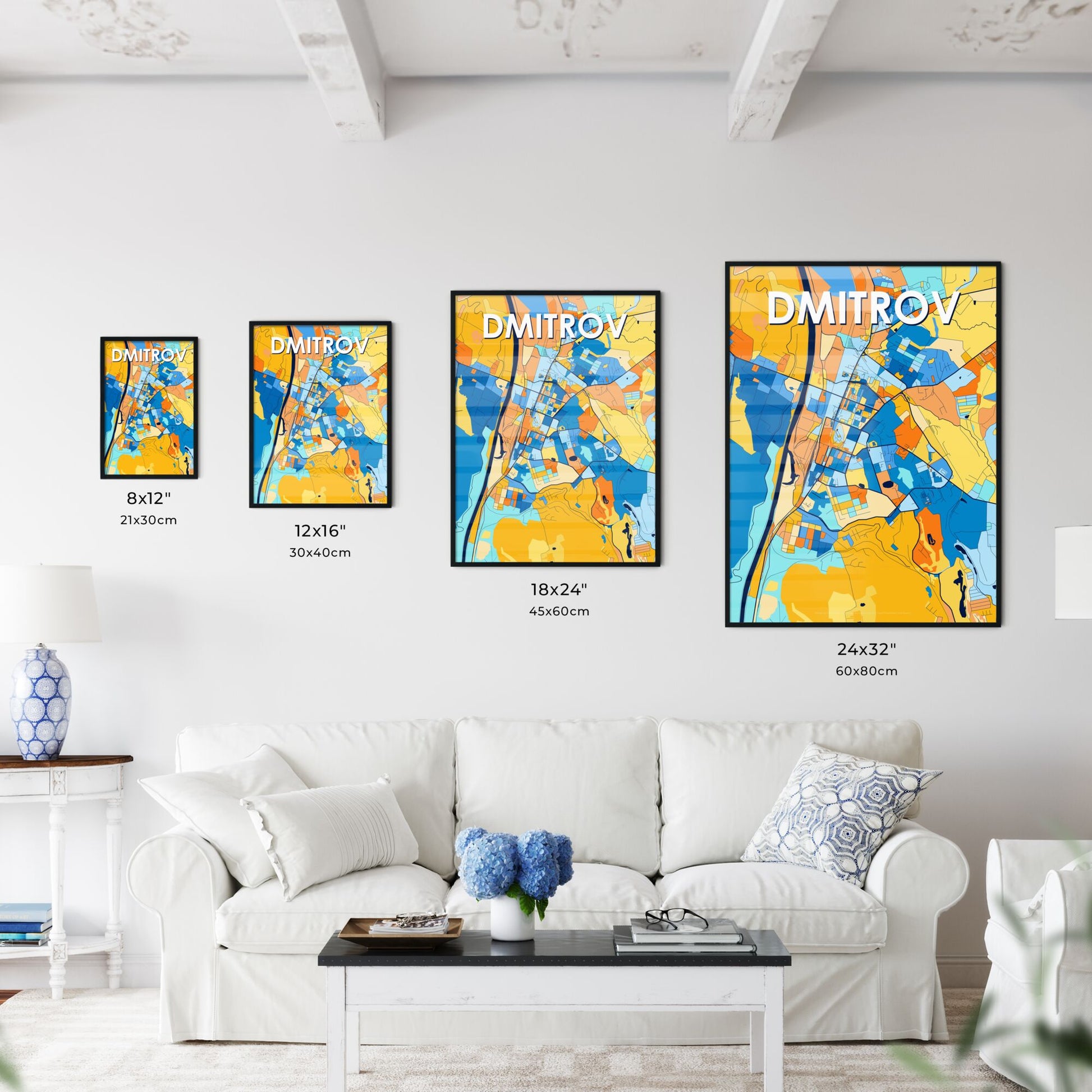 DMITROV RUSSIA Vibrant Colorful Art Map Poster Blue Orange