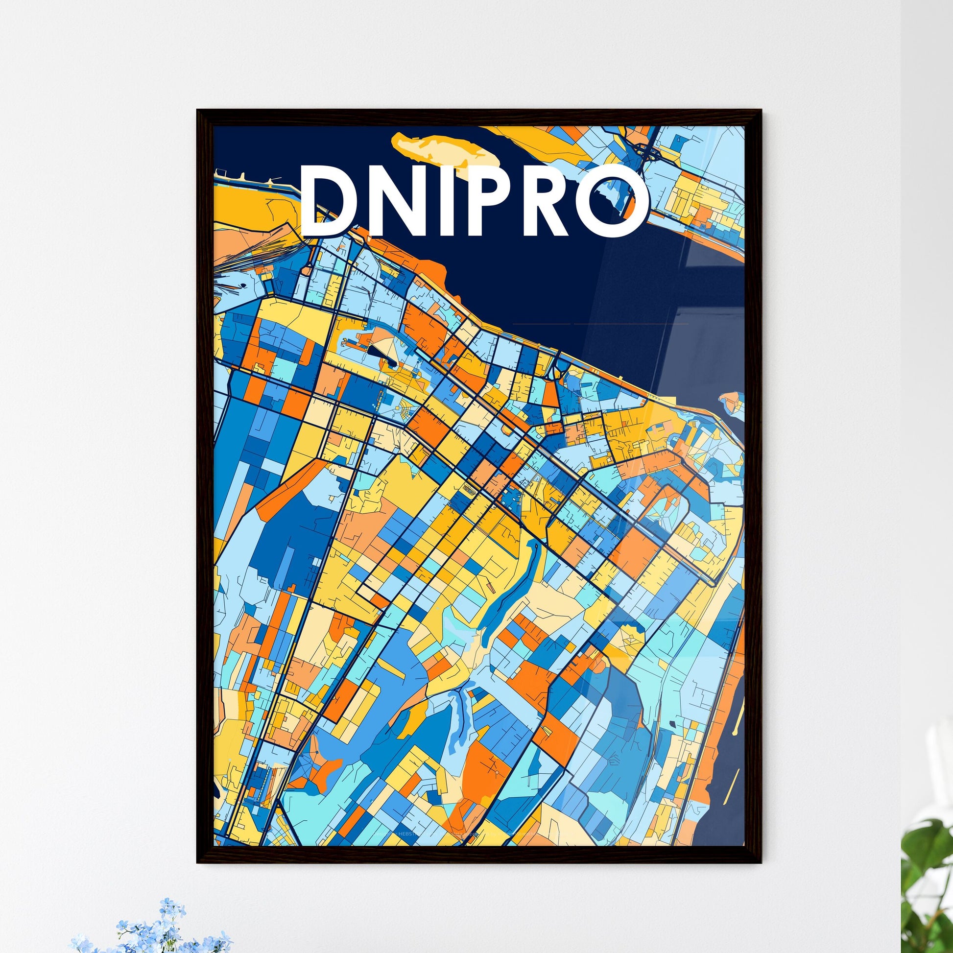 DNIPRO UKRAINE Vibrant Colorful Art Map Poster Blue Orange