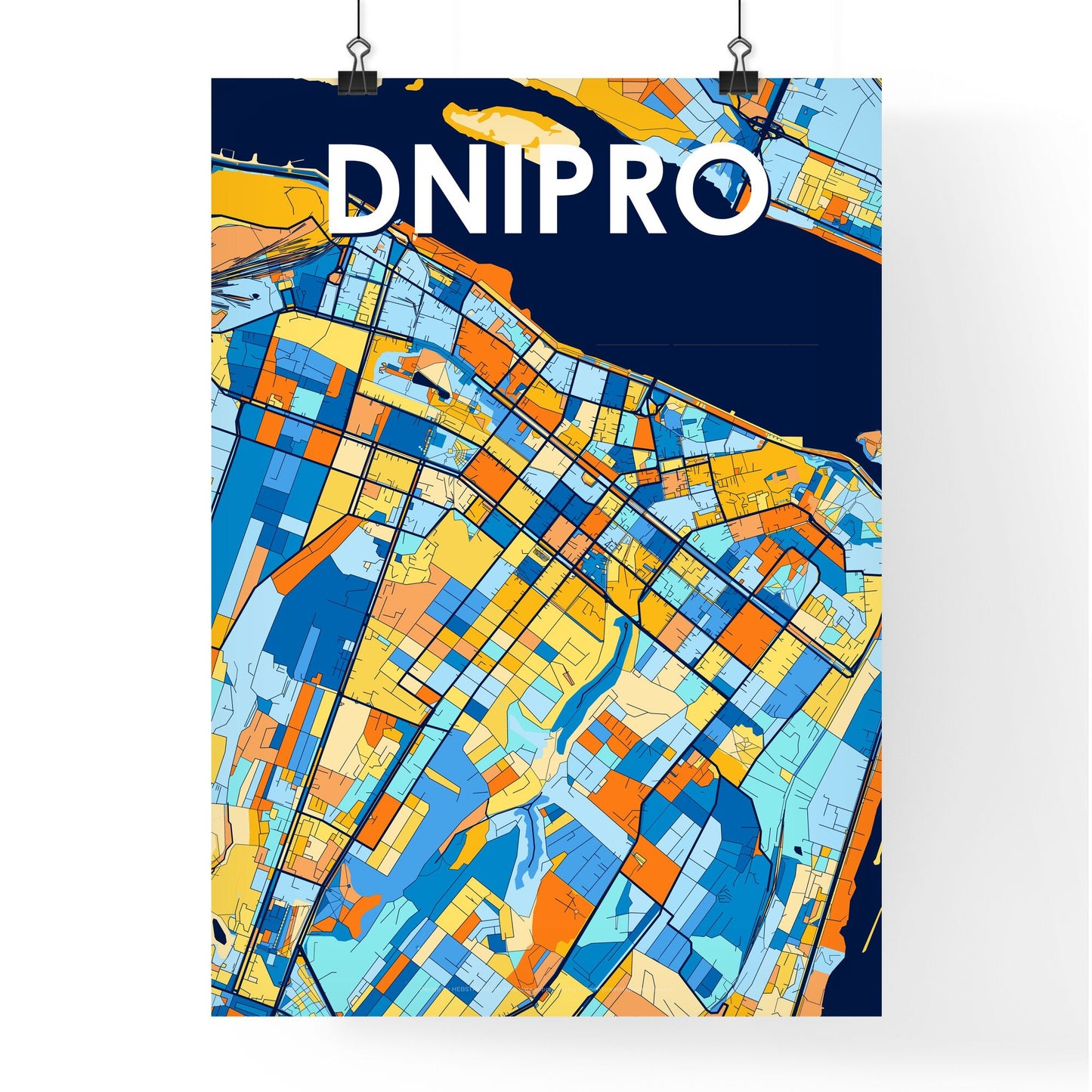 DNIPRO UKRAINE Vibrant Colorful Art Map Poster Blue Orange