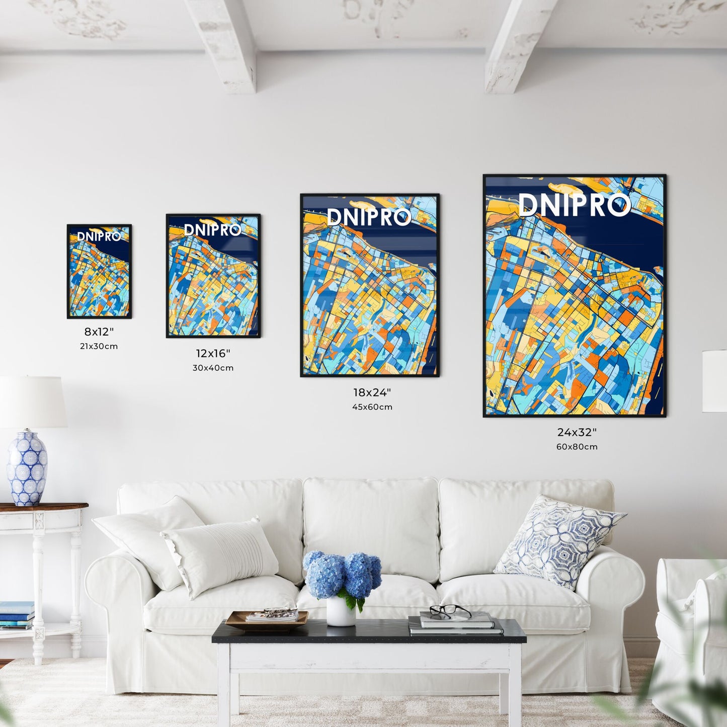 DNIPRO UKRAINE Vibrant Colorful Art Map Poster Blue Orange