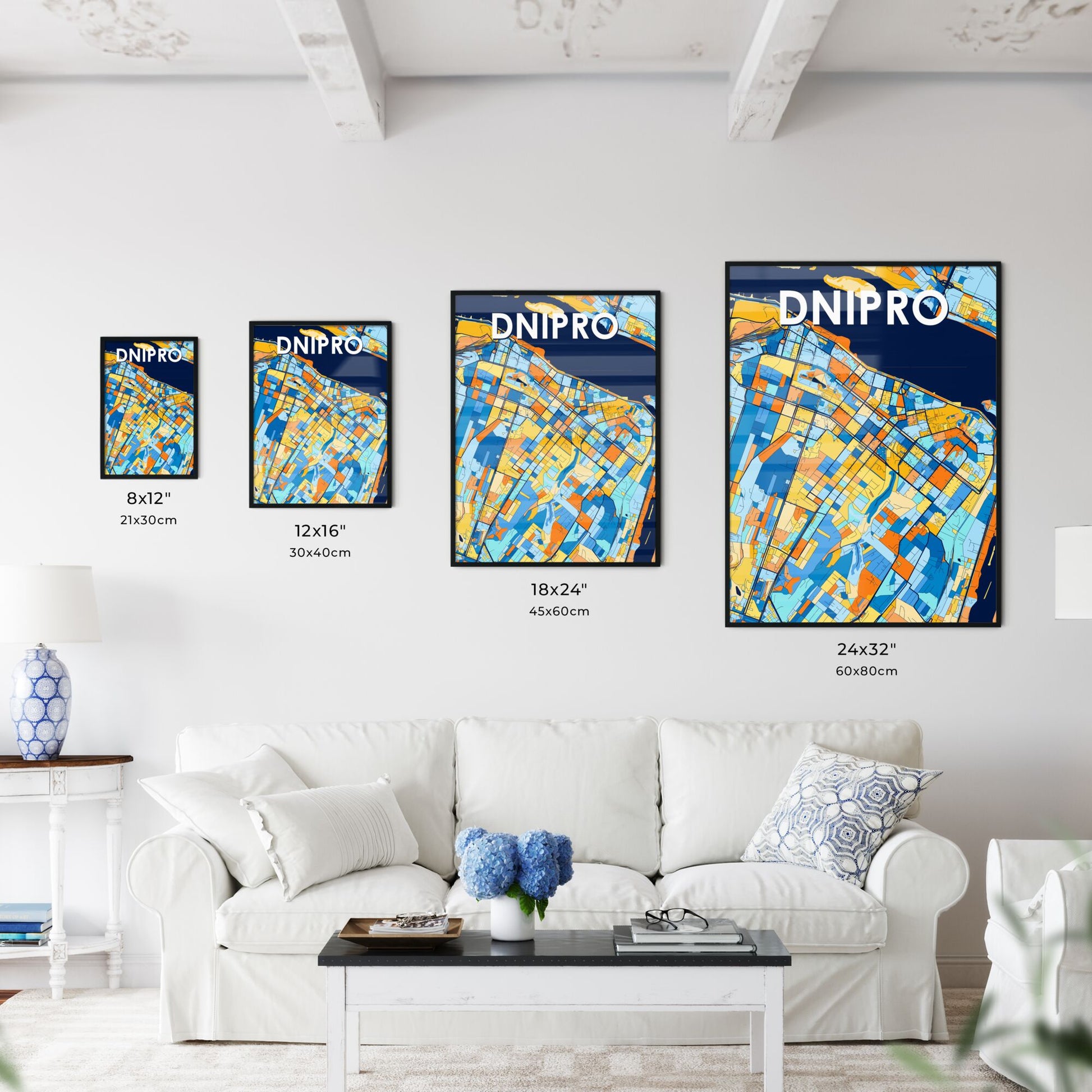 DNIPRO UKRAINE Vibrant Colorful Art Map Poster Blue Orange