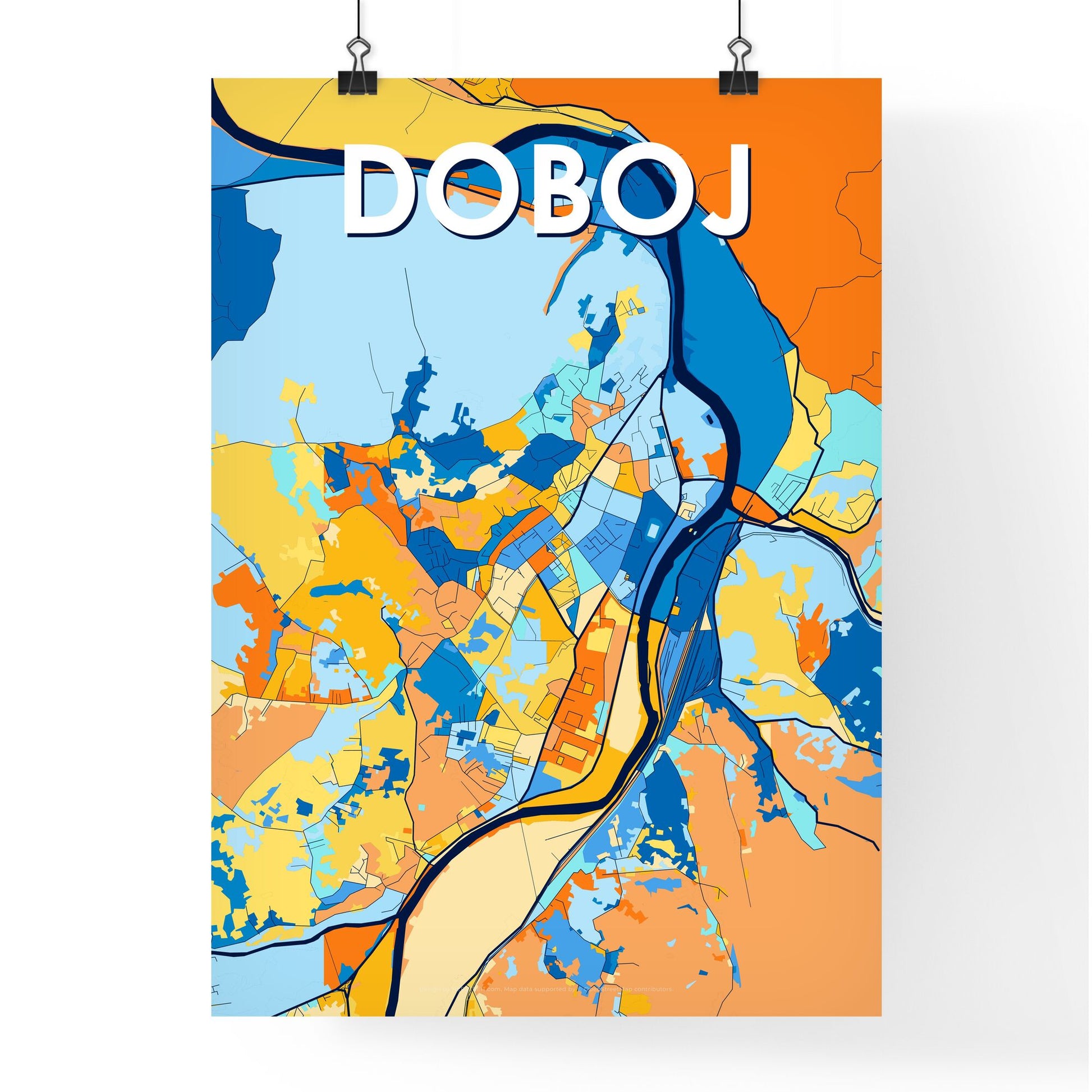 DOBOJ BOSNIA AND HERZEGOVINA Vibrant Colorful Art Map Poster Blue Orange