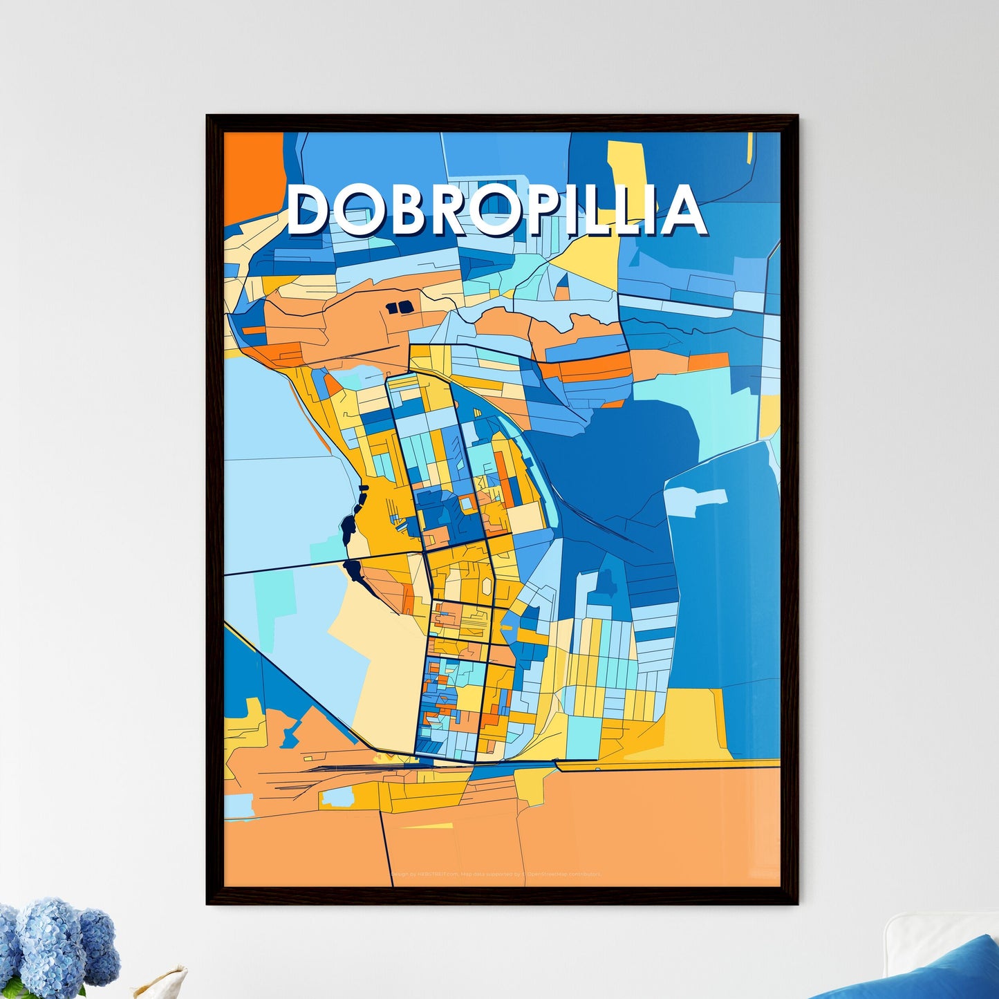 DOBROPILLIA UKRAINE Vibrant Colorful Art Map Poster Blue Orange