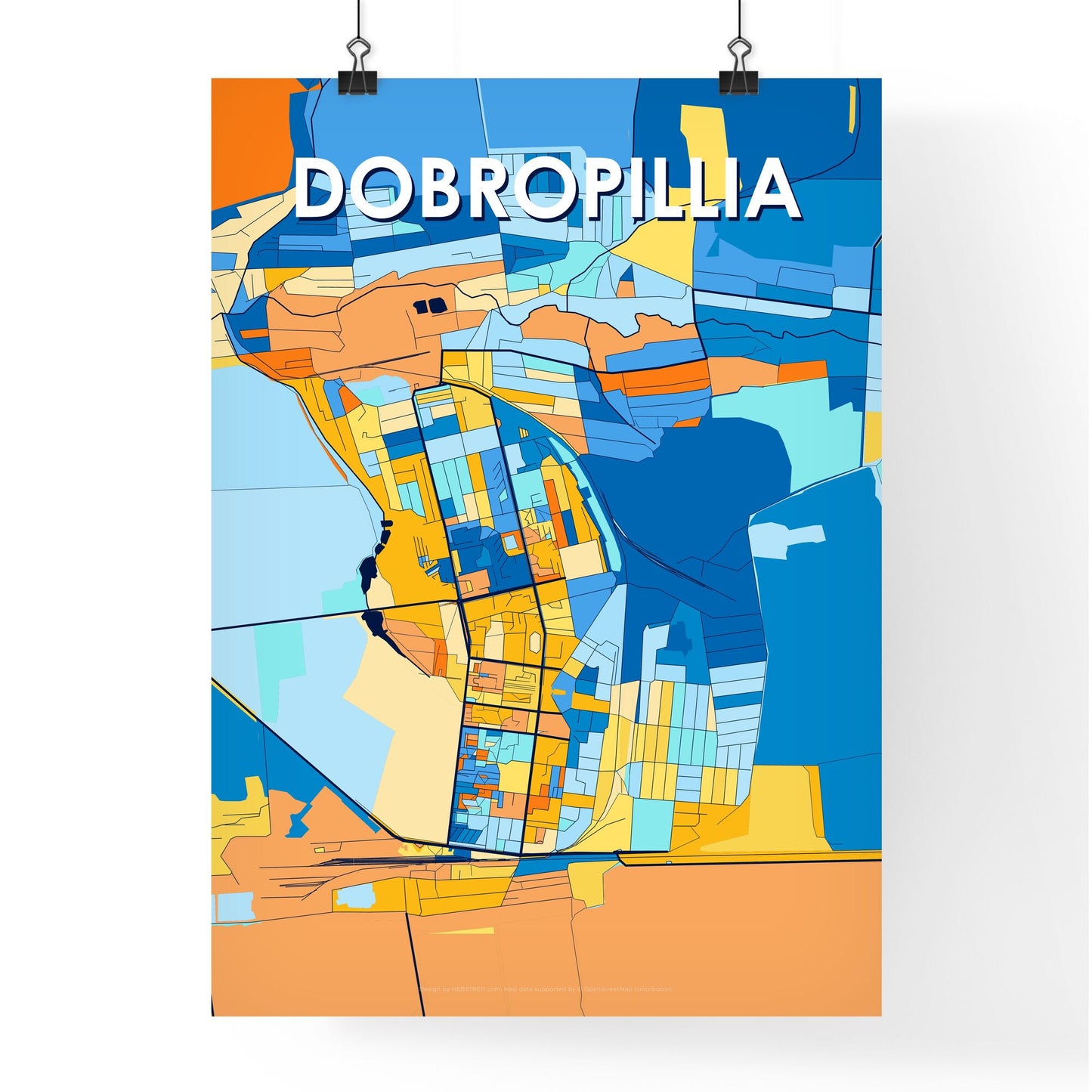 DOBROPILLIA UKRAINE Vibrant Colorful Art Map Poster Blue Orange