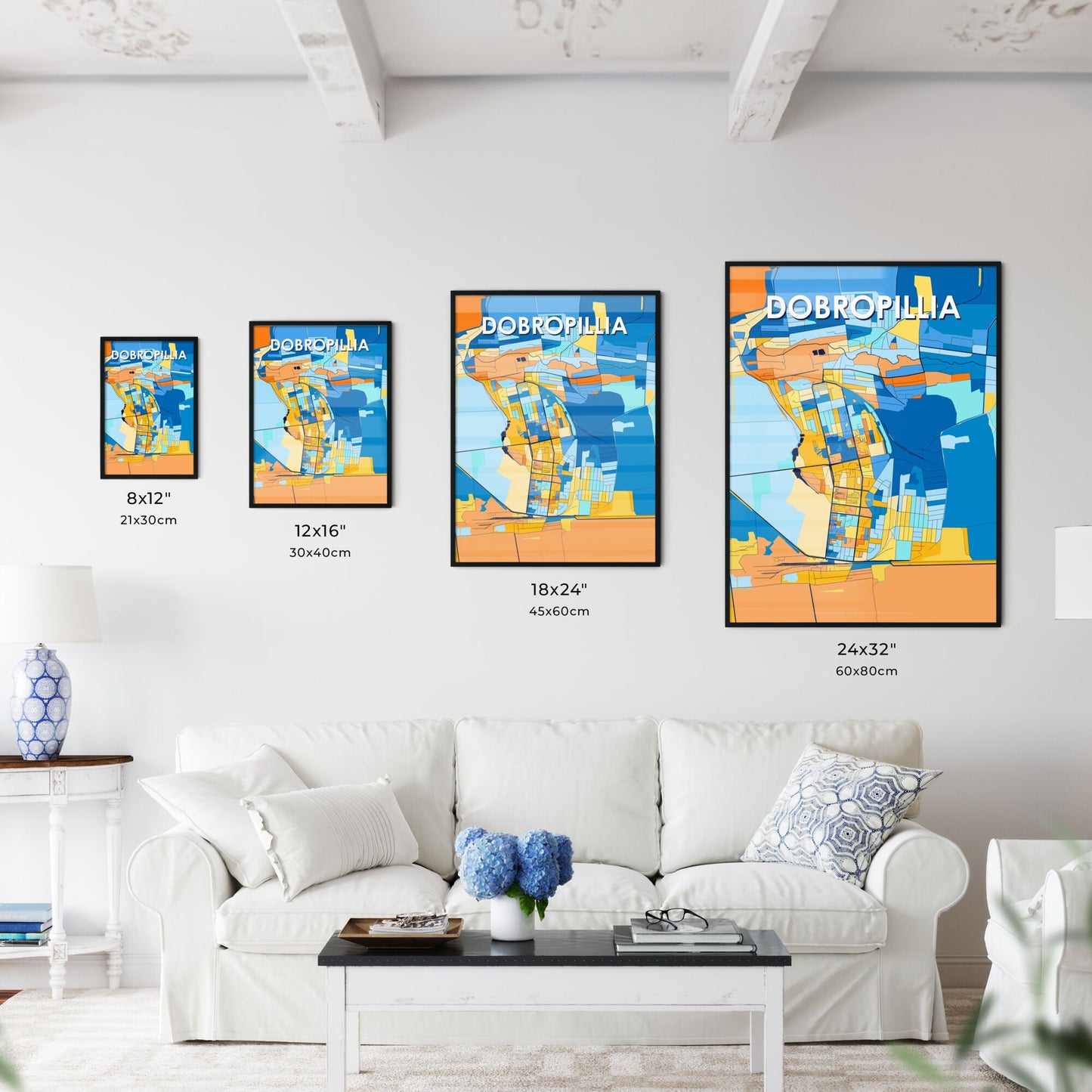 DOBROPILLIA UKRAINE Vibrant Colorful Art Map Poster Blue Orange