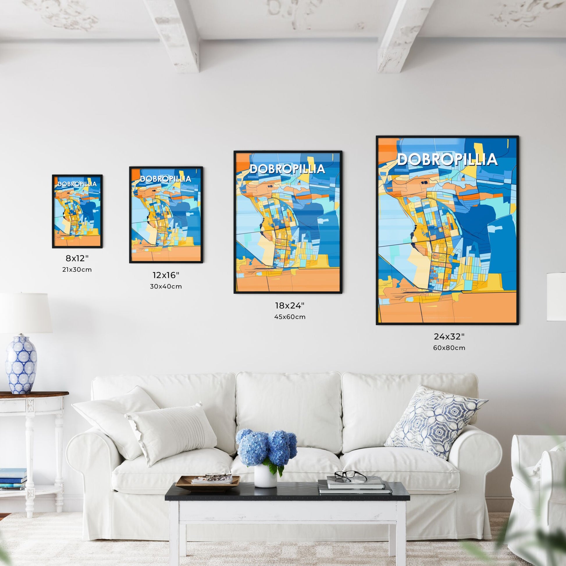 DOBROPILLIA UKRAINE Vibrant Colorful Art Map Poster Blue Orange