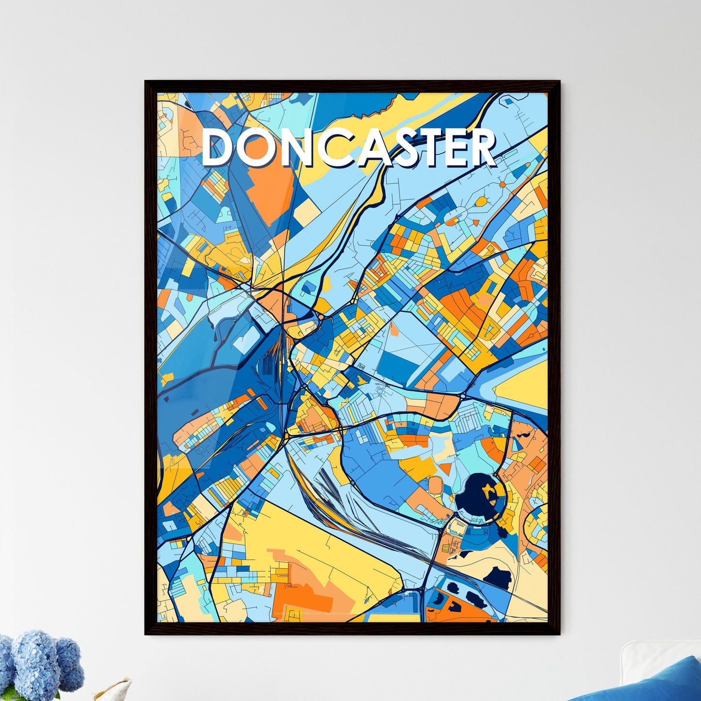 DONCASTER ENGLAND Vibrant Colorful Art Map Poster Blue Orange