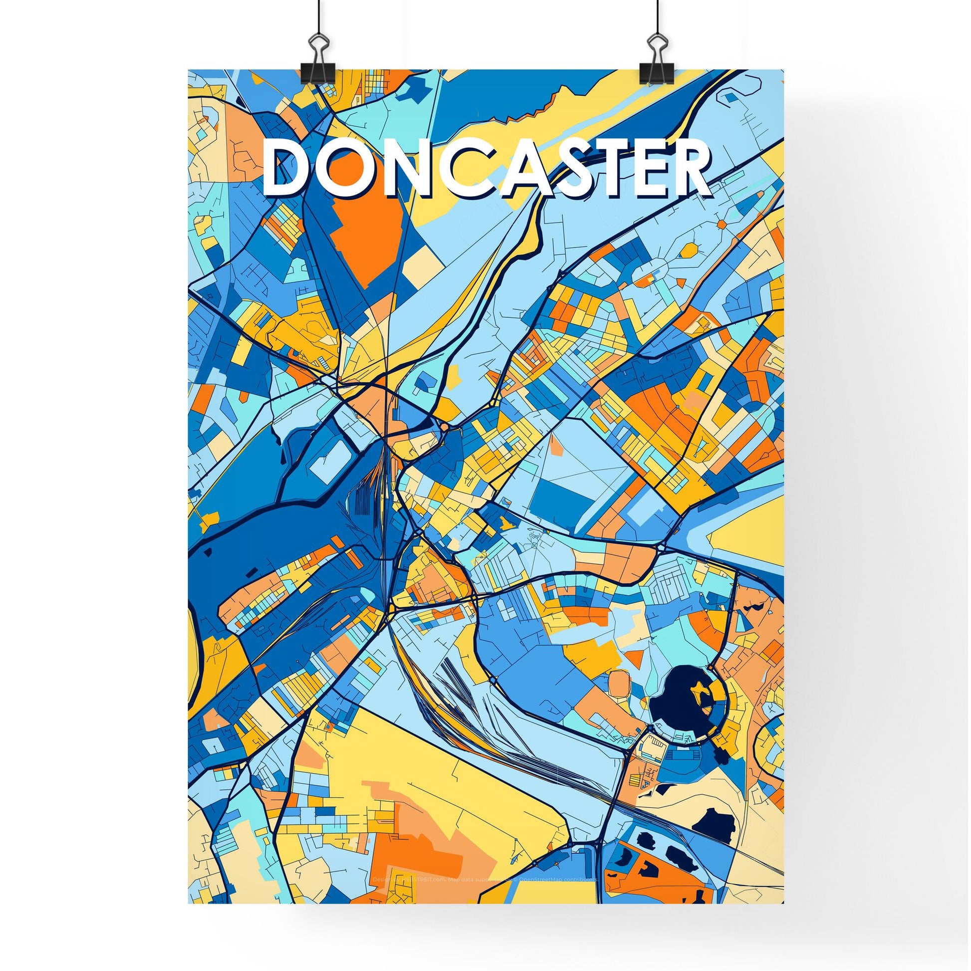 DONCASTER ENGLAND Vibrant Colorful Art Map Poster Blue Orange