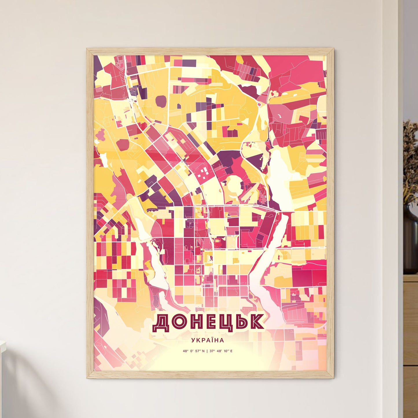 Colorful Donetsk Ukraine Fine Art Map Hot Red