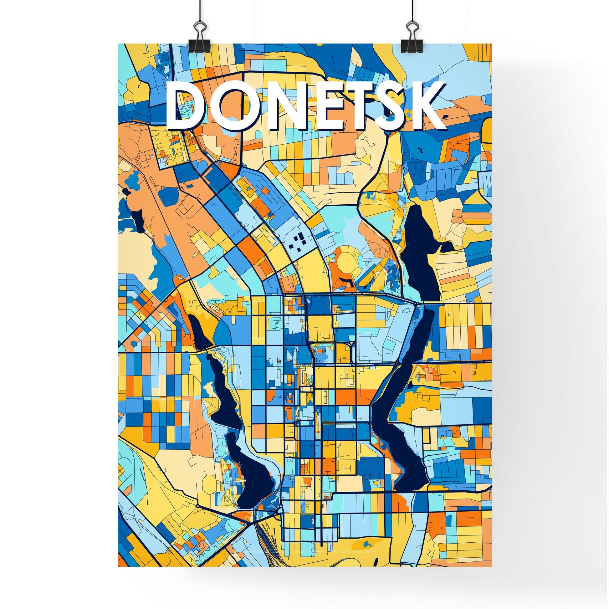 DONETSK UKRAINE Vibrant Colorful Art Map Poster Blue Orange